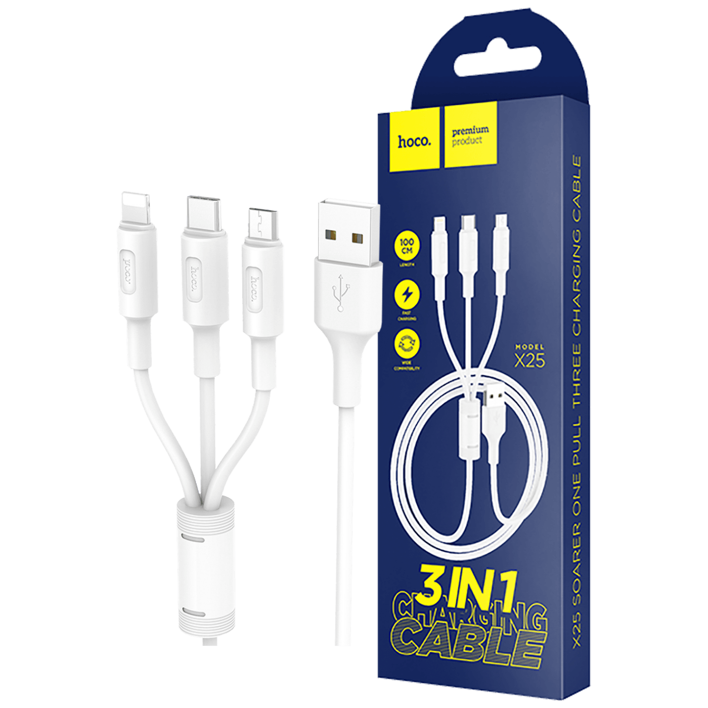 hoco. USB kabl, 3in1, microUSB, USB type C, Lightning, 1 met, 2 A - X25 Soarer 3in1, White