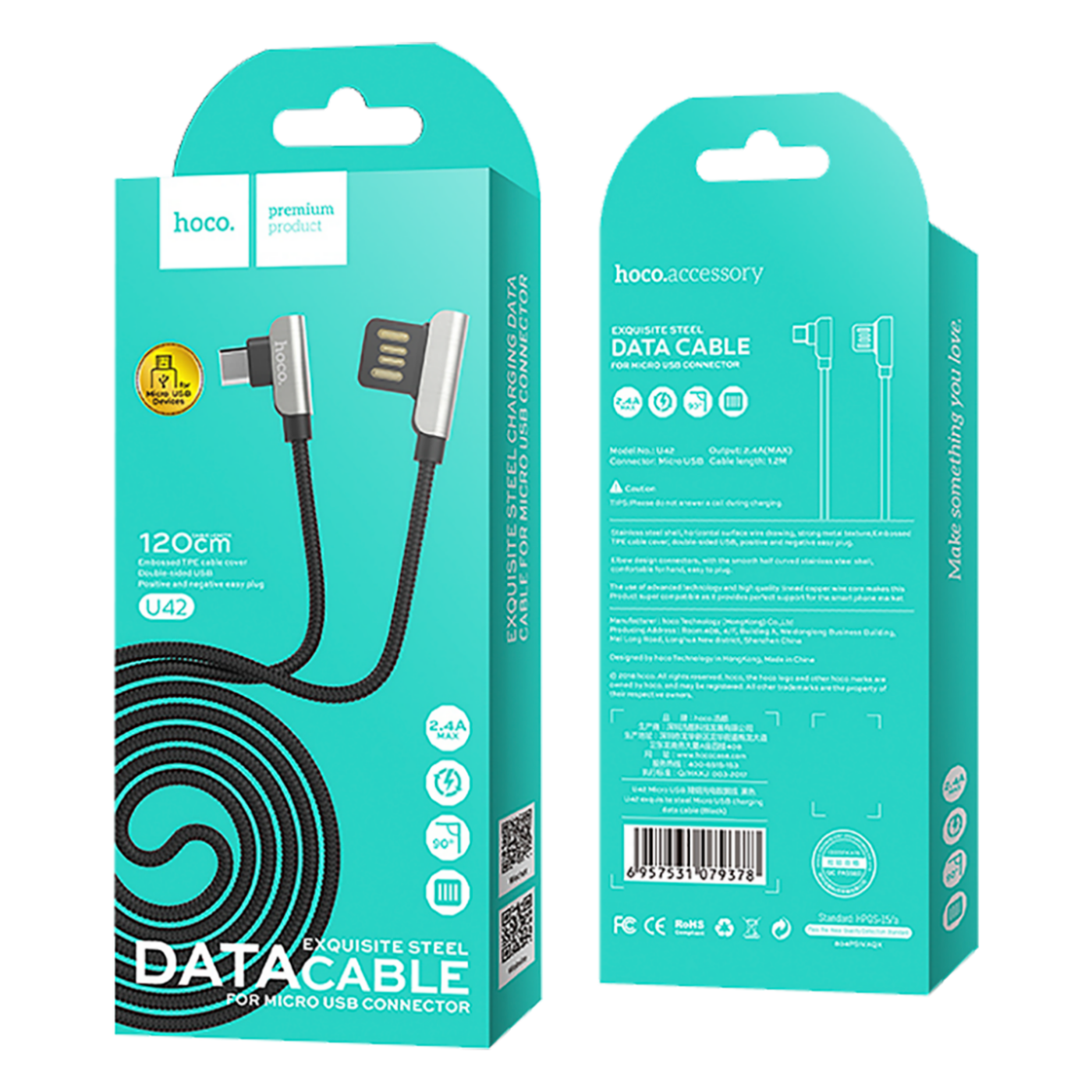 hoco. USB kabl za smartphone, micro USB, 1.2 met., 2.4 A, crna - U42 Exquisite steel, Micro USB, BK