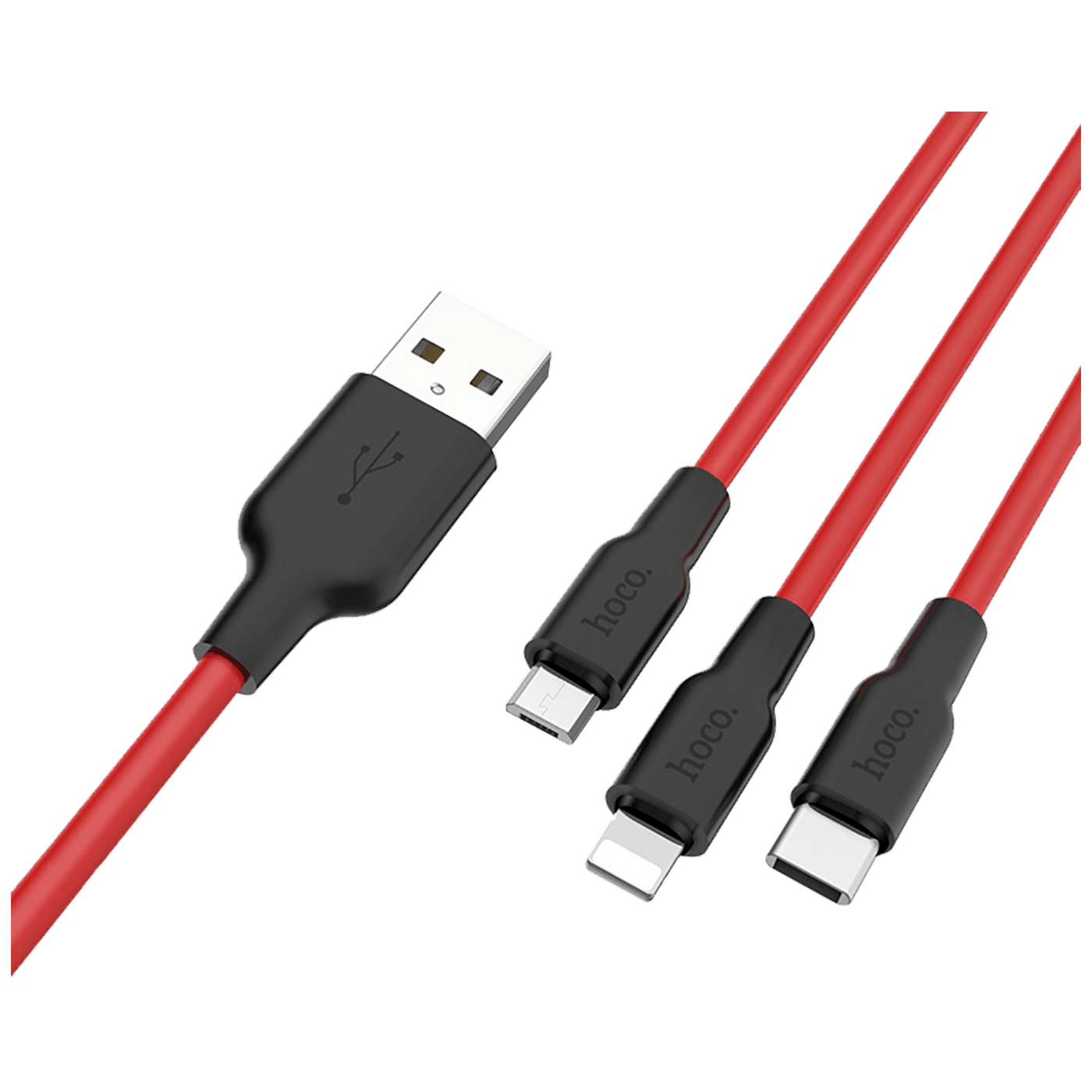 hoco. USB kabl, 3in1, microUSB, type C, Lightning, 1.2 met., 2 A - X21 Silicone 3in1, Black/Red