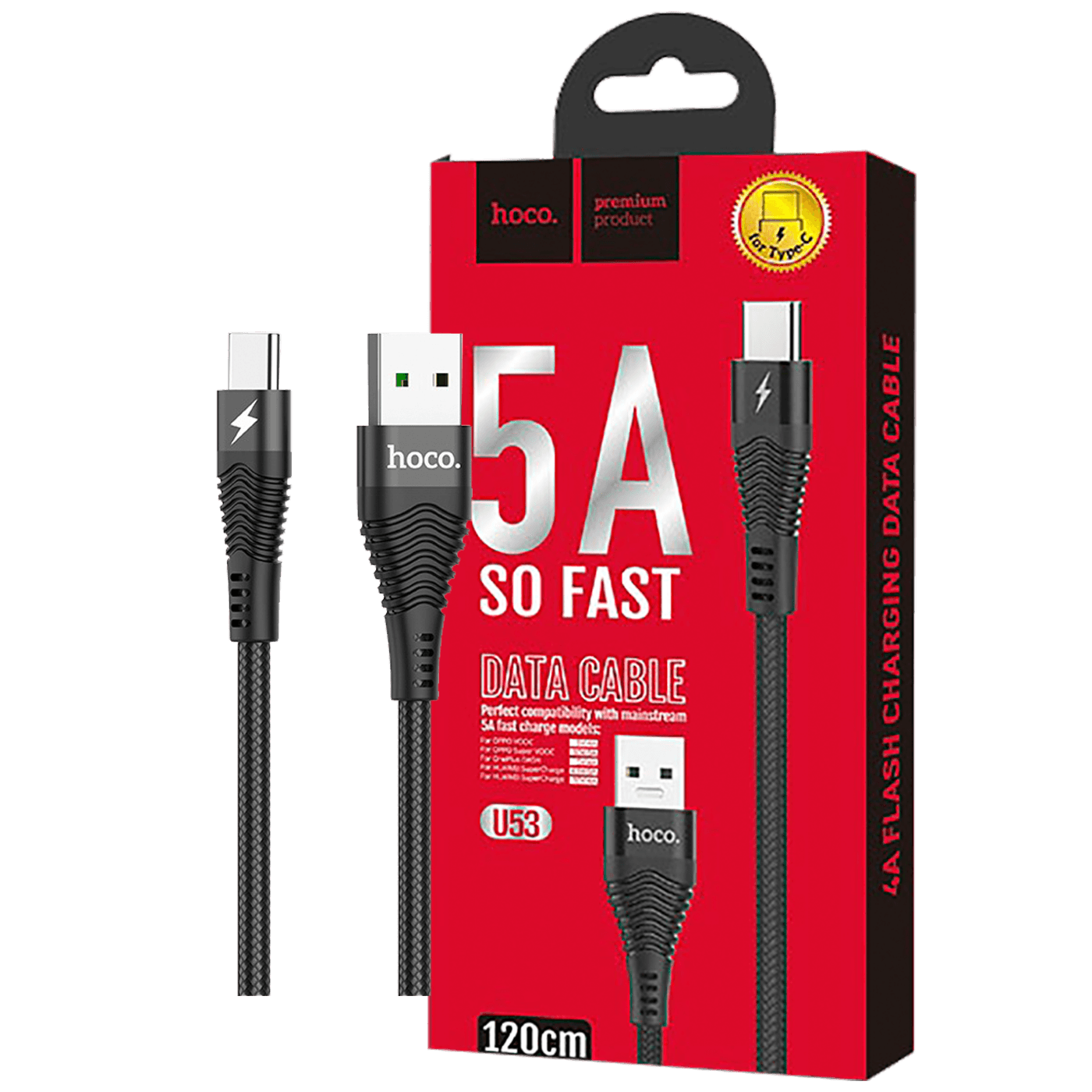 hoco. USB kabl za smartphone, USB type C, 1.2 met., 5 A, crna - U53 5A Flash