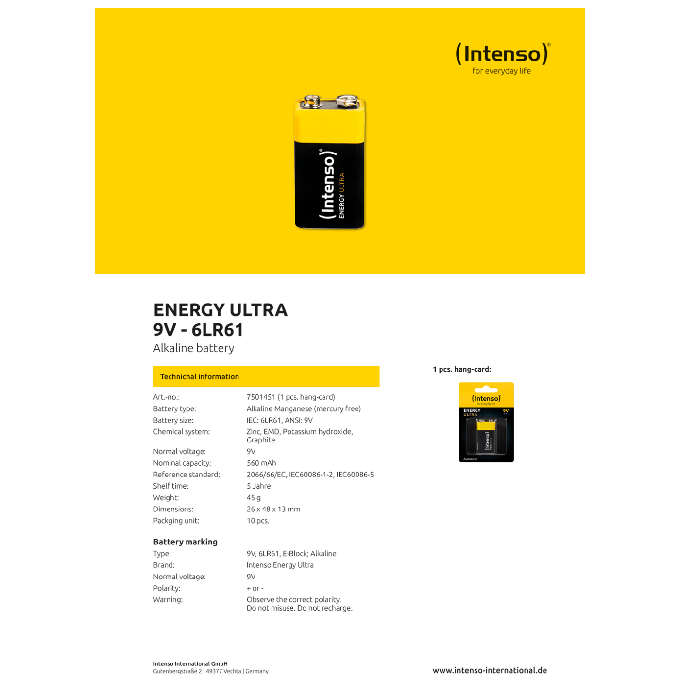 (Intenso) Baterija alkalna, 6LR61, 9 V, blister 1 komad - 6LR61 / 9V