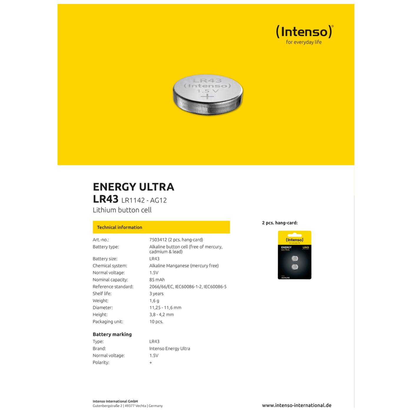 (Intenso) Baterija alkalna LR43/2, 1,5 V dugmasta, blister 2 kom