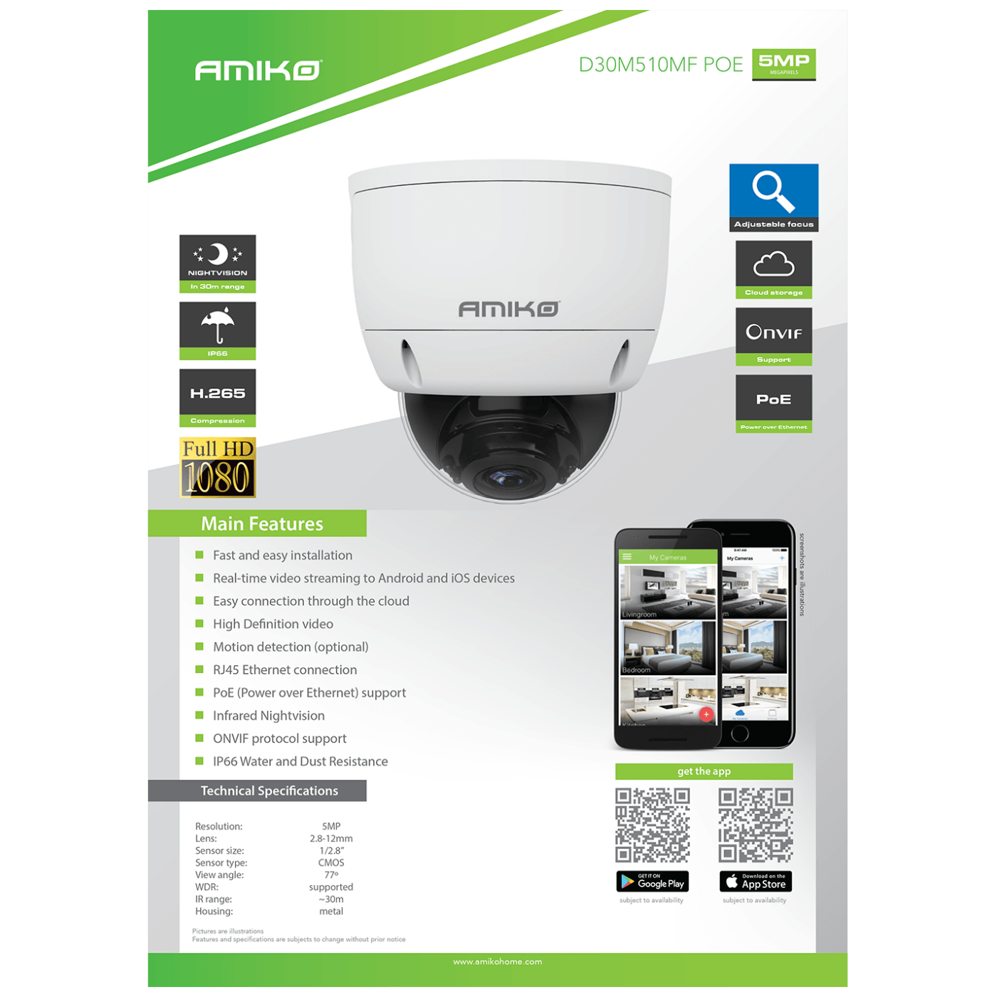 Amiko Home Kamera IP, 5 MP 1/2.8" SONY Starvis, PoE, H.265 - D30M510B MF PoE