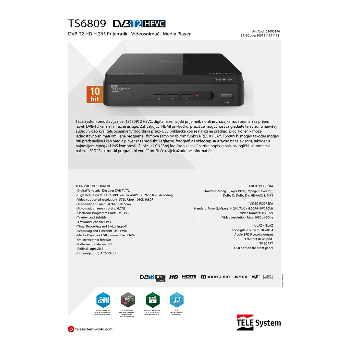 TELE System Prijemnik zemaljski, DVB-T2, H.265 / 10 bit, SCART - TS6809 T2 HEVC