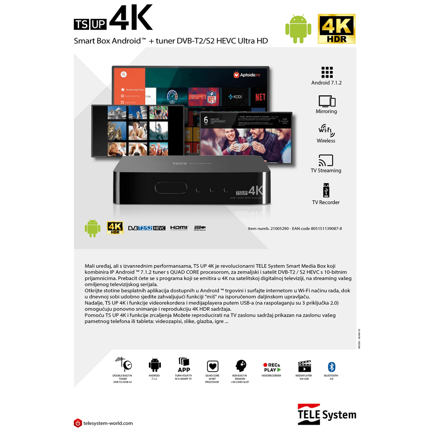 TELE System Prijemnik combo, Android , DVB-S2/T2, 4K, HEVC/10 bit - TS UP4K