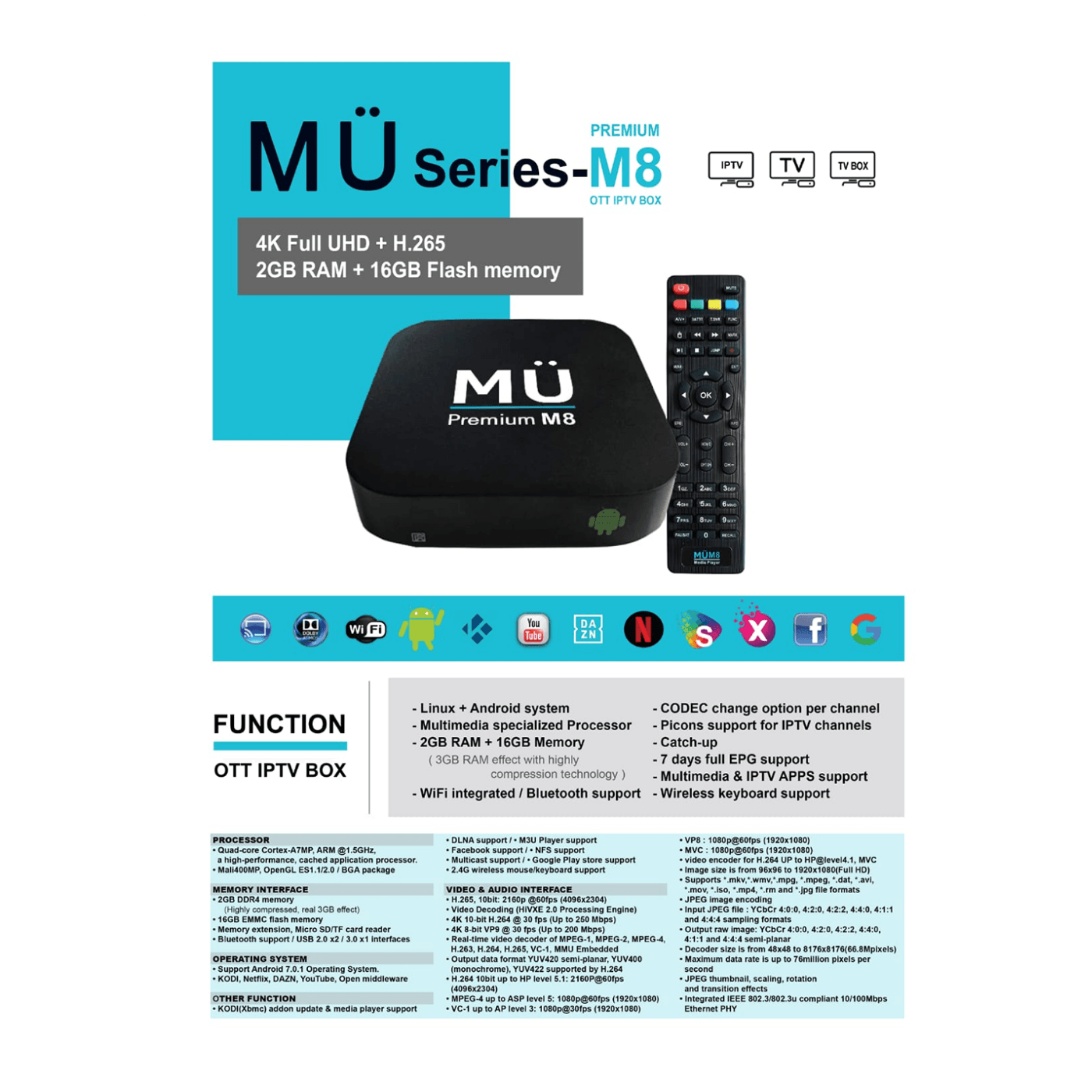MediaLink Prijemnik IPTV@Linux Stalker+Android, UHD/4K, BT, WiFi, 2GB - MÜ M8