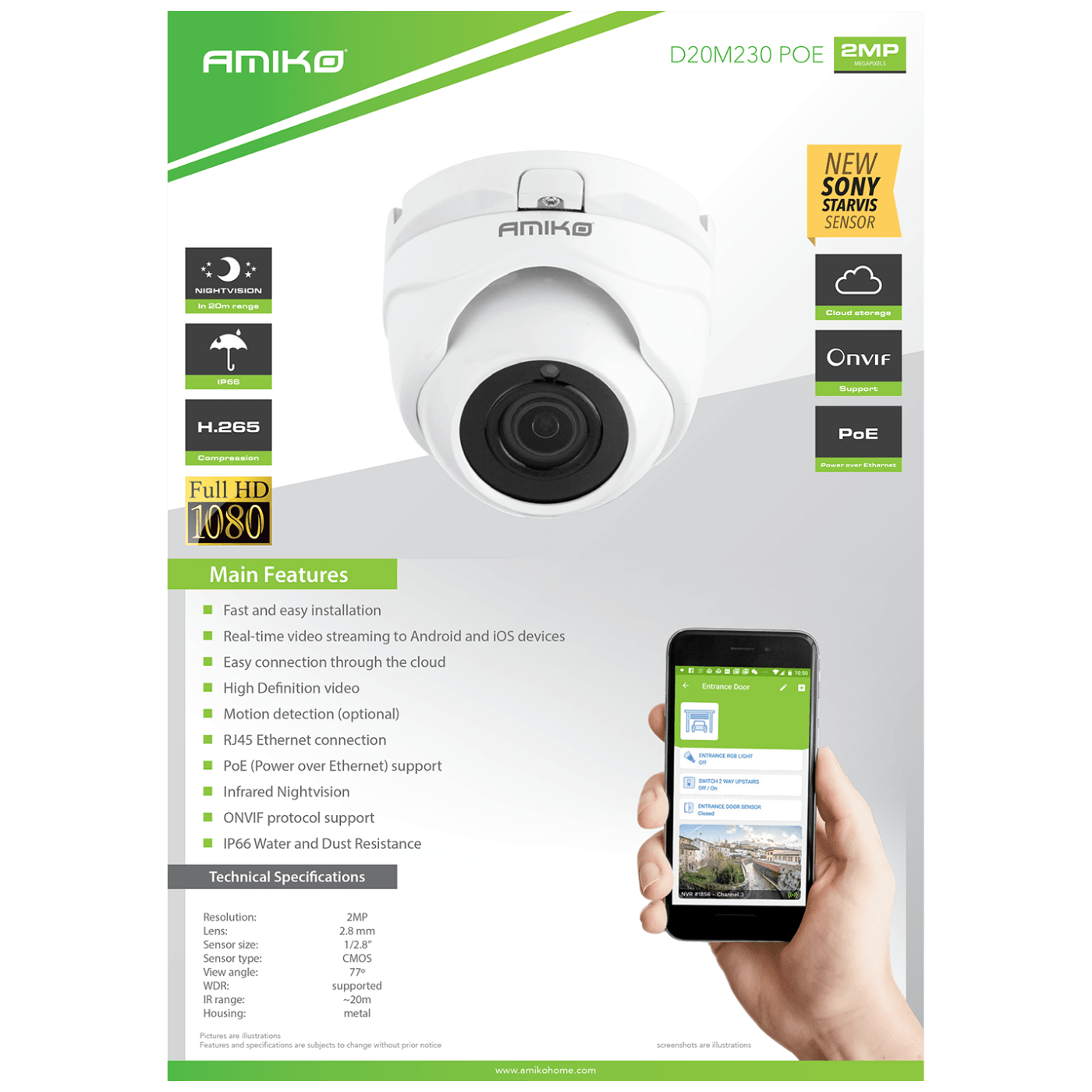 Amiko Home Kamera IP 2 MP, PoE, 1/2.9" SONY Starvis CMOS, HD Lens 2,8mm - D20M230 PoE