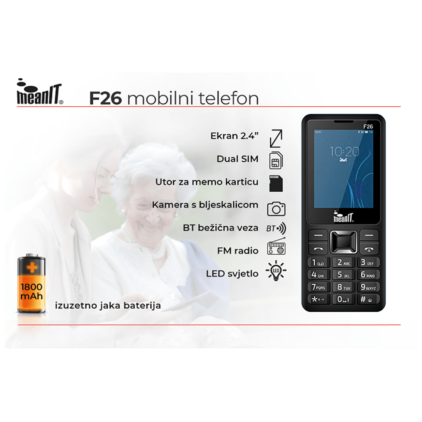MeanIT Mobilni telefon , 2.4"" zaslon, Dual SIM, BT, FM radio, crna - F26 Black