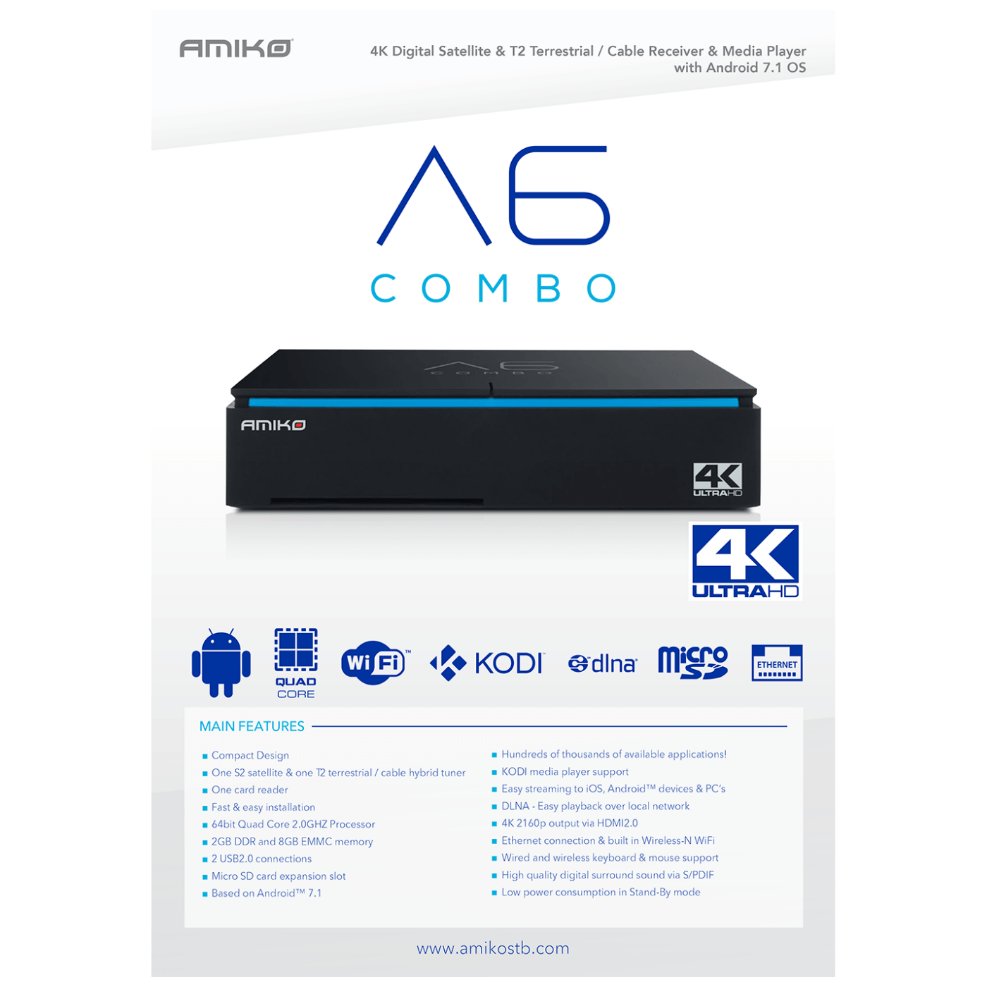 Amiko Prijemnik combo, Android 7.1, DVB-T2/S2/C, 4K, IPTV - A6 COMBO