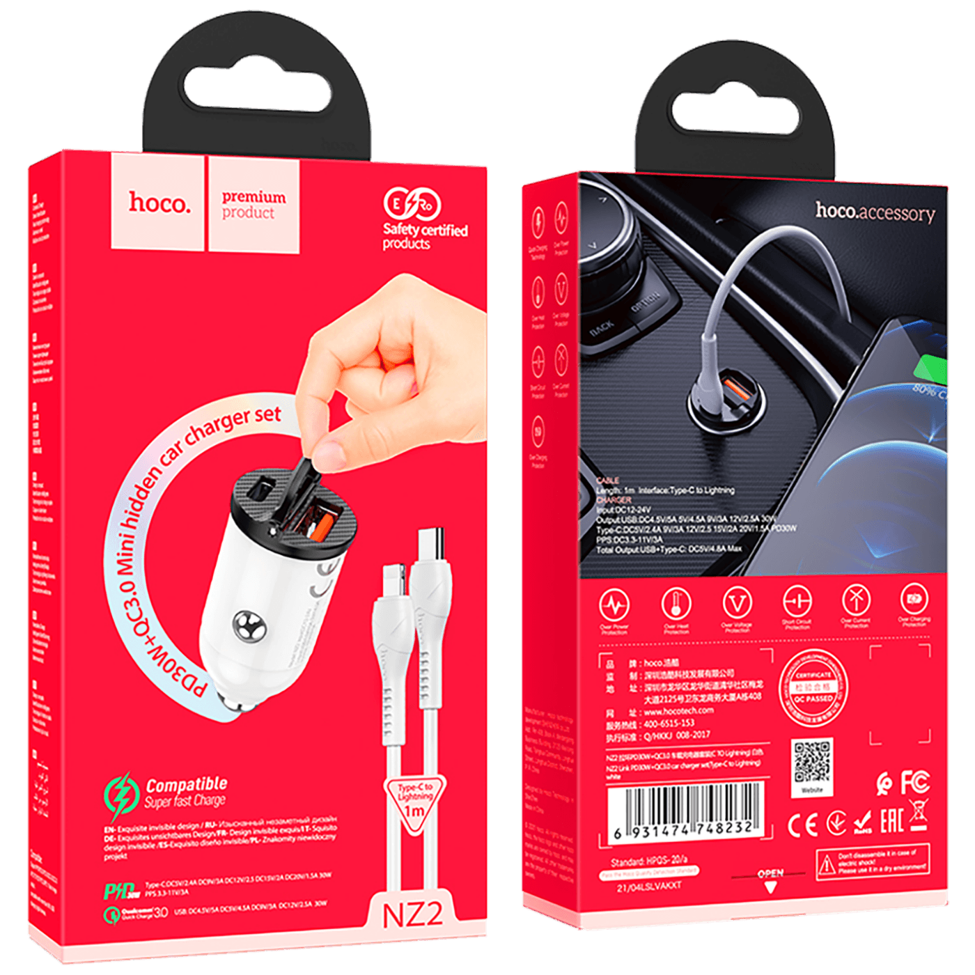 hoco. Auto punjač sa Lightning kabelom, PD + QC3.0, 2 x USB, 4.8 A - NZ2 Link, type C-Lightning, White