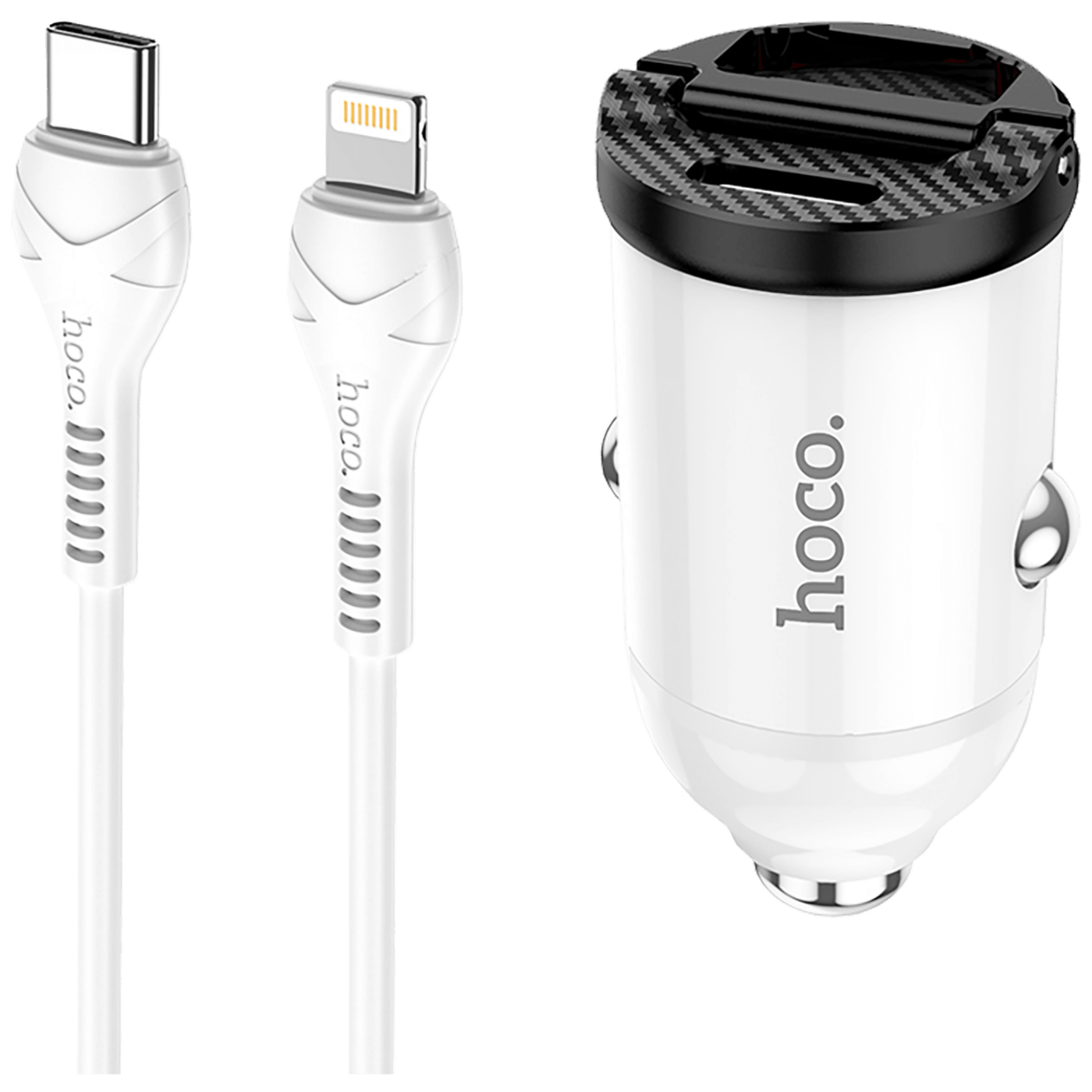 hoco. Auto punjač sa Lightning kabelom, PD + QC3.0, 2 x USB, 4.8 A - NZ2 Link, type C-Lightning, White