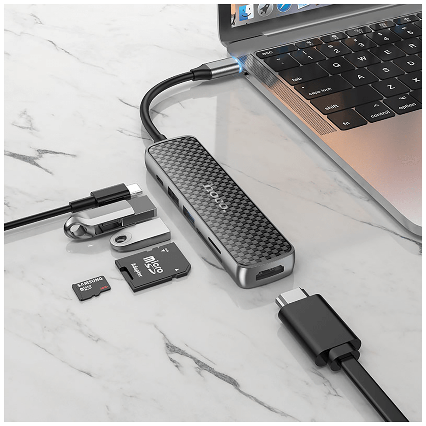 hoco. Konverter USB HUB type C to HDMI/USB3.0/USB2.0/SD/ TF/PD - HB24 Easy display