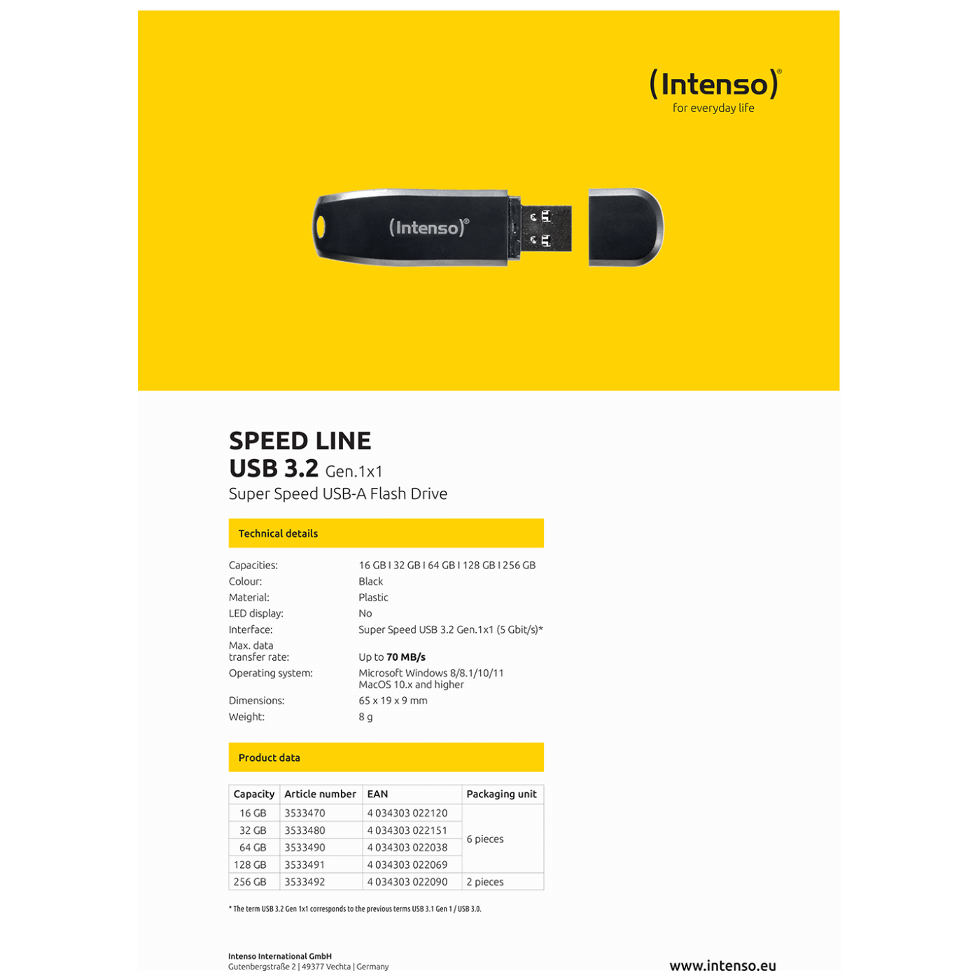 (Intenso) USB Flash drive 16GB Hi-Speed USB 3.2, SPEED Line - USB3.2-16GB/Speed Line