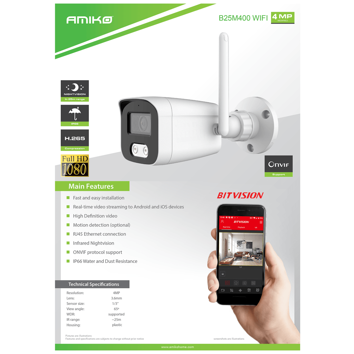 Amiko Home Kamera IP 4MP, WiFi, 1/3" CMOS, 3.6mm, IP66 - B25M400 WIFI