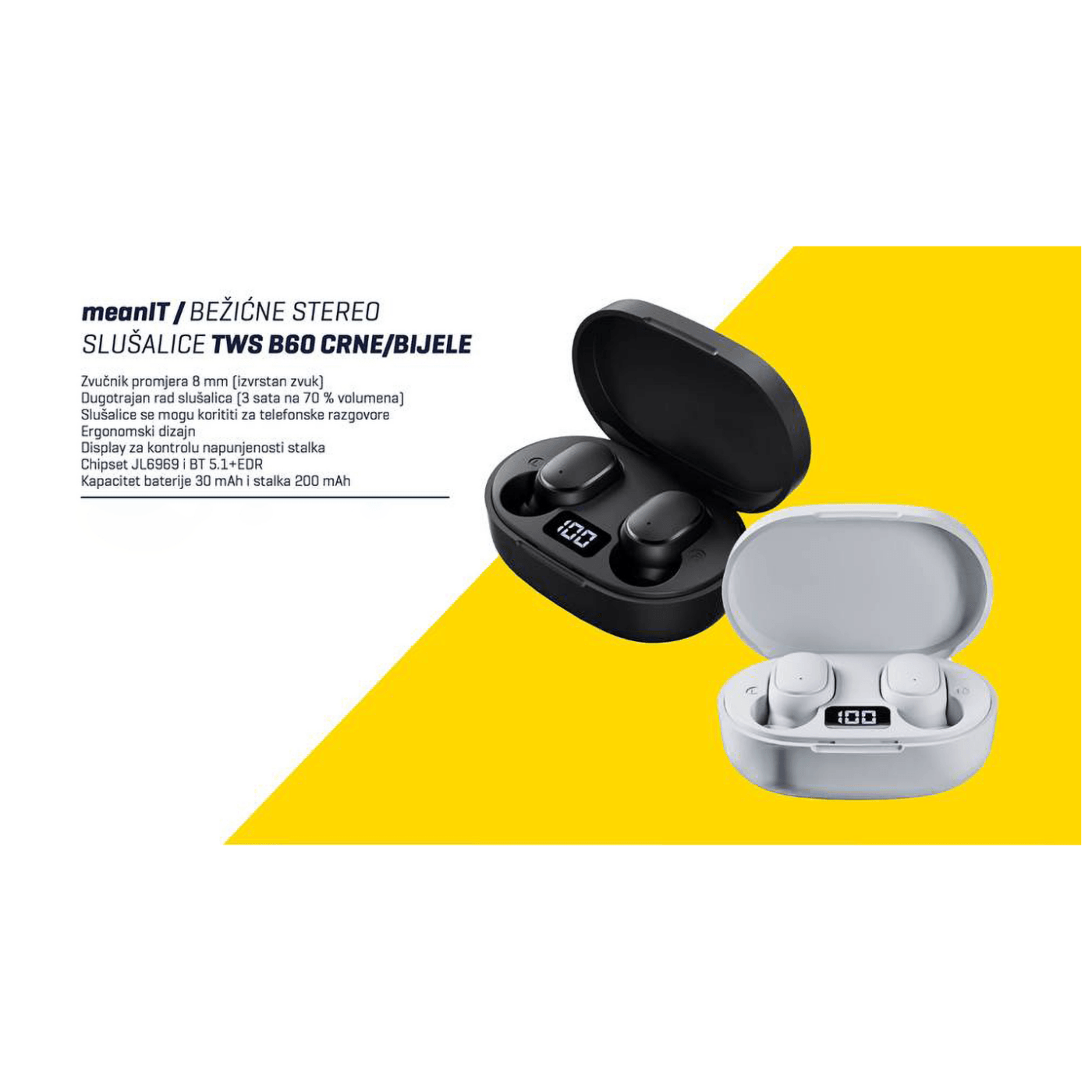 MeanIT Slušalica bežična, Bluetooth v5.1 - TWS B60 White