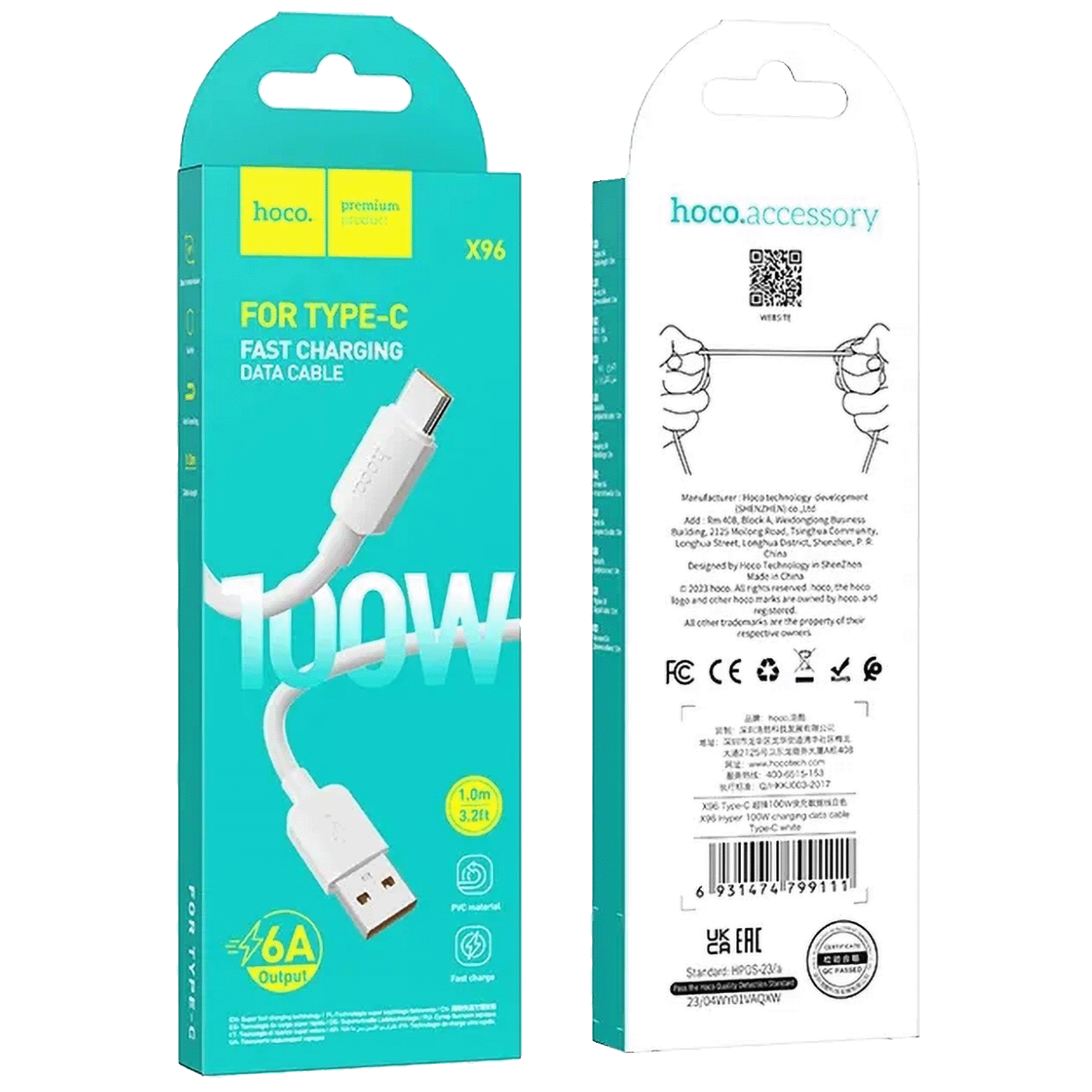 hoco. USB kabl za smartphone, USB-A to type C, 100W, bijela - X96 Hyper, 100W, White