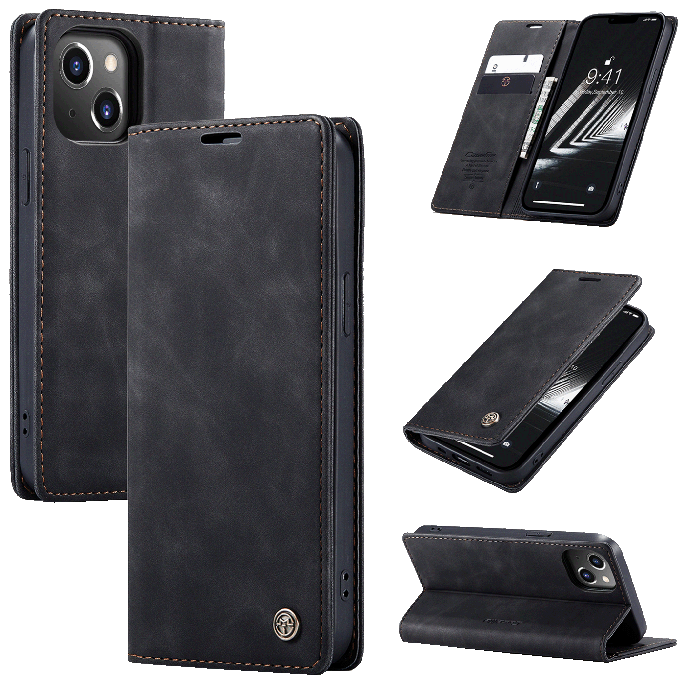 CaseMe Futrola preklopna za iPhone 15, koža, crna - Flip Leather Phone Case iPhone 15