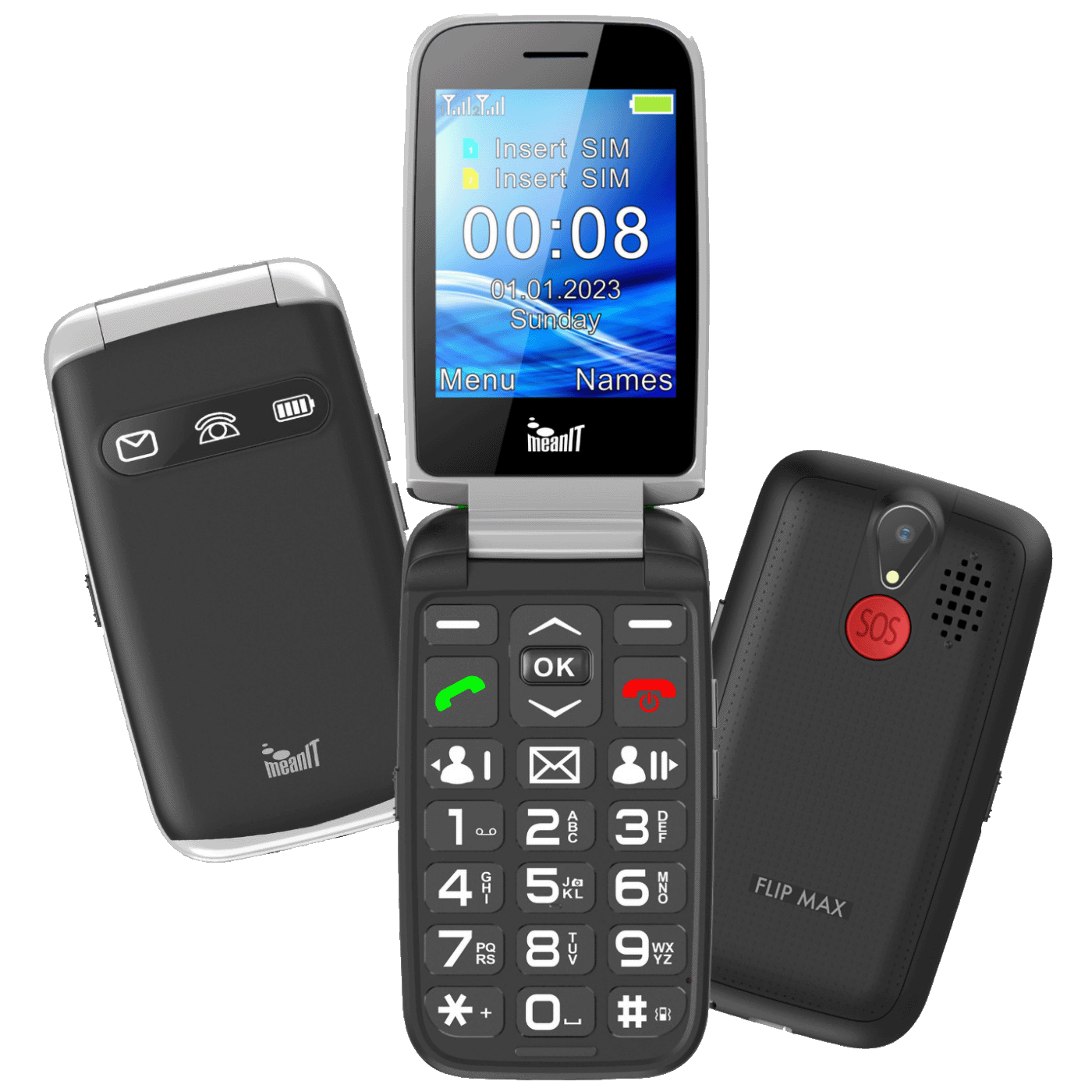 MeanIT Telefon mobilni, 2.8" ekran, Dual SIM, SOS tipka - SENIOR FLIP MAX Black