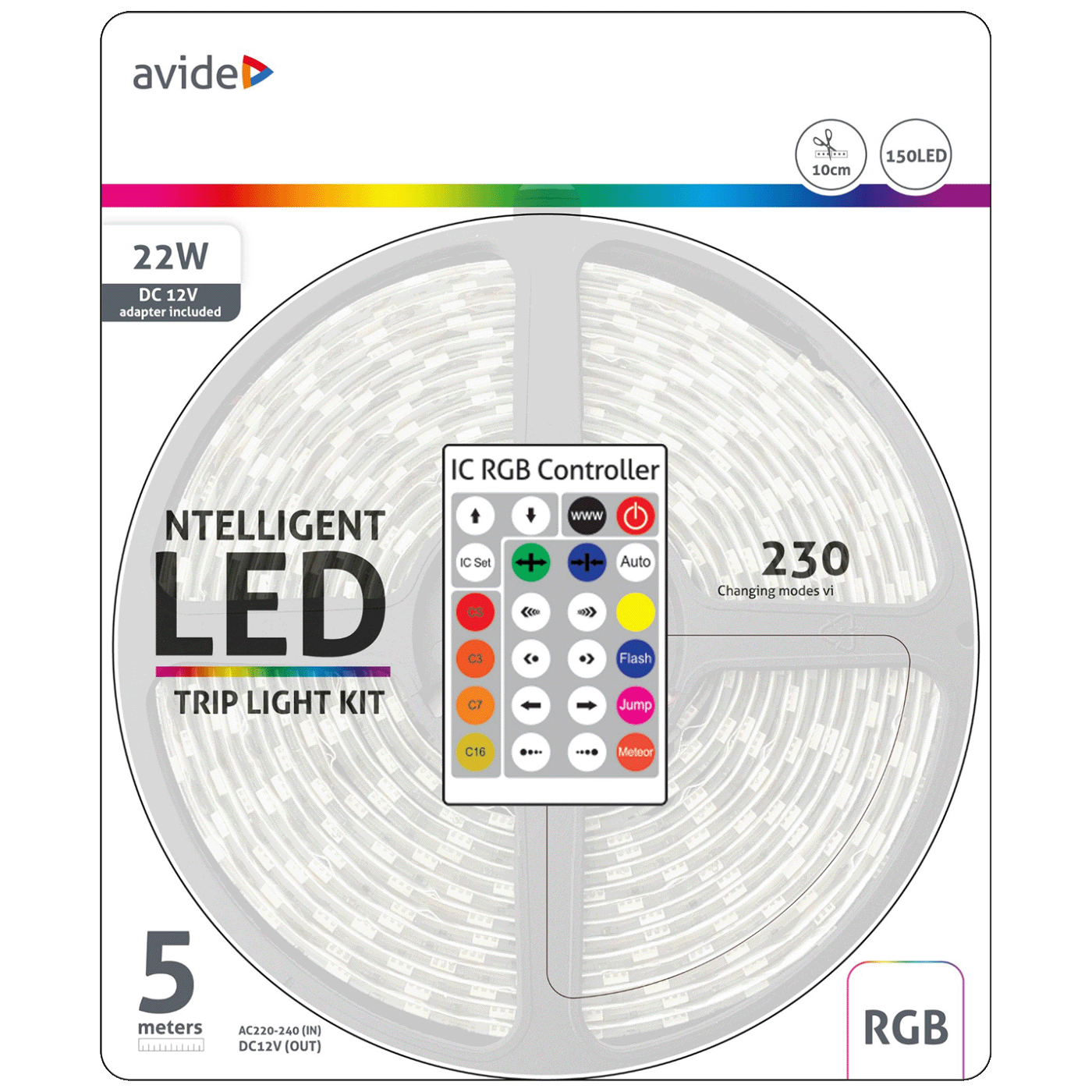 Avide LED traka sa daljinskim upravljačem,RGB,22W,12V,5 met.,IP65 - ABLSBL12V5050-30RGB-IC65