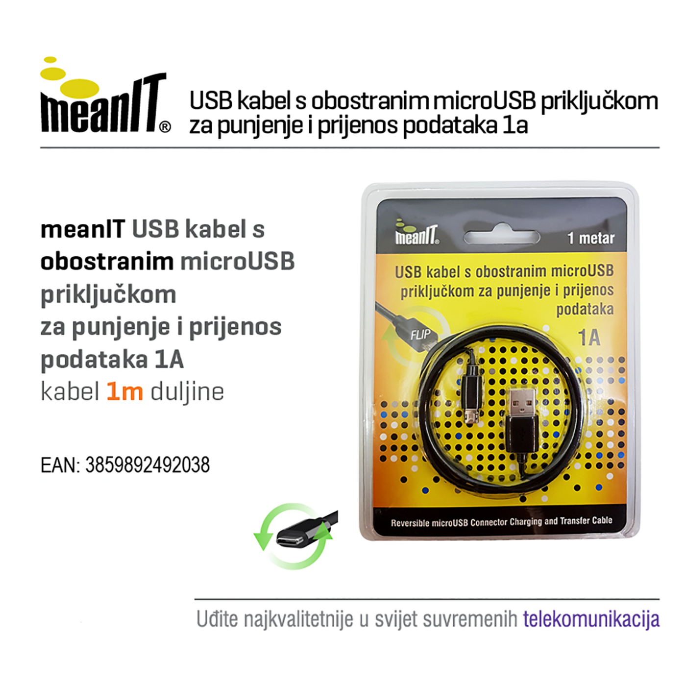 MeanIT USB A na USB micro kabl, FLIP, dužina 1.0 metar - USB / micro USB - 1m