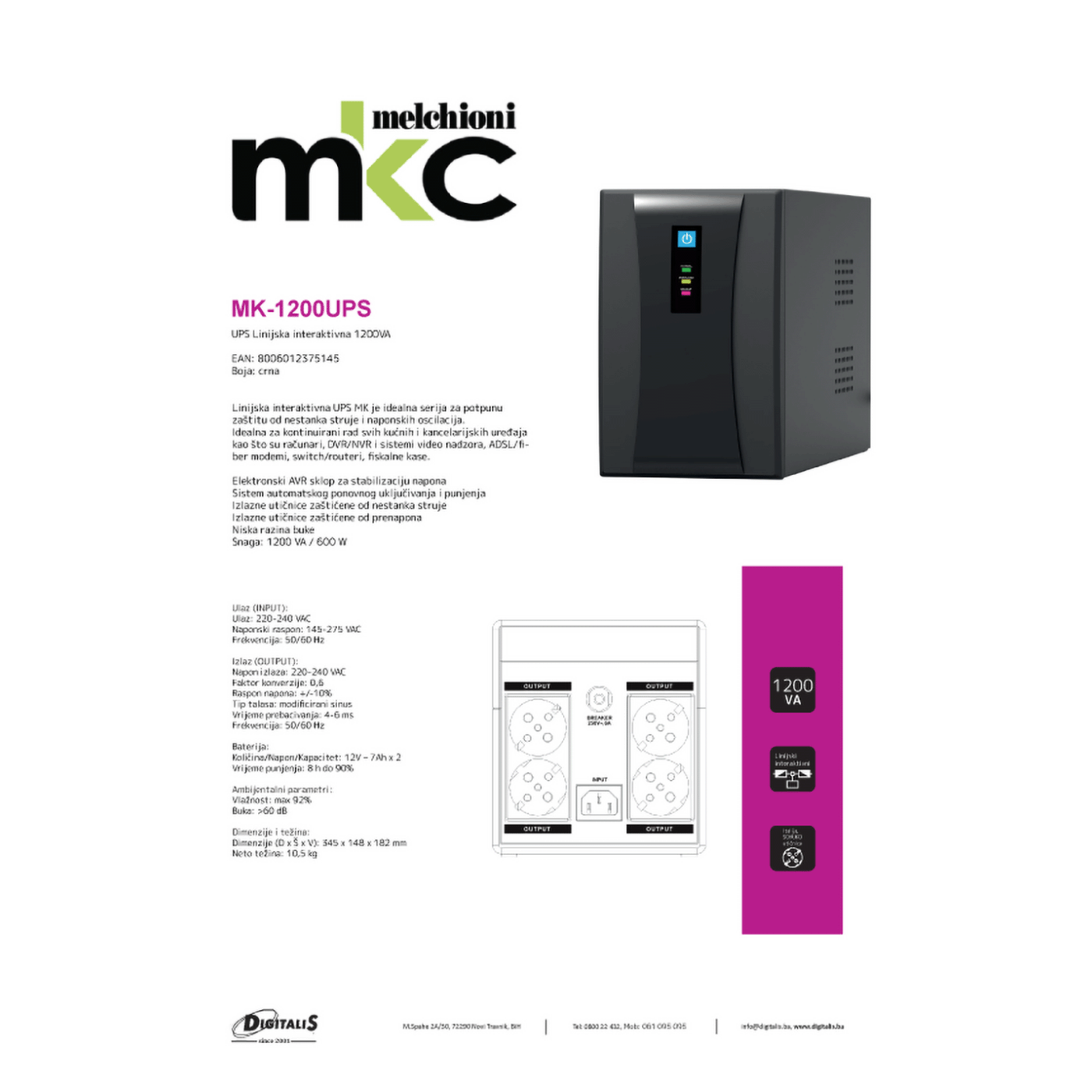MKC UPS/ Izvor neprekidnog napajanja, 1200VA, 720W - MK-1200UPS