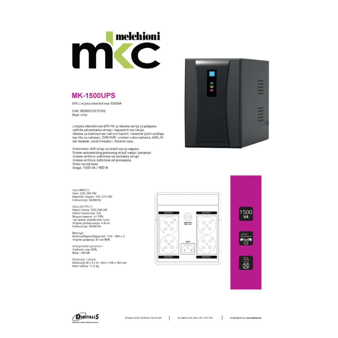 MKC UPS/ Izvor neprekidnog napajanja, 1500VA, 900W - MK-1500UPS