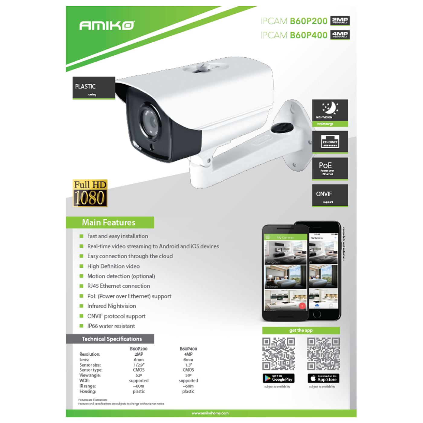 Amiko Home Kamera IP 2 MP, PoE, 1/2.9" SONY CMOS, HD Lens 6mm - B60P200 POE