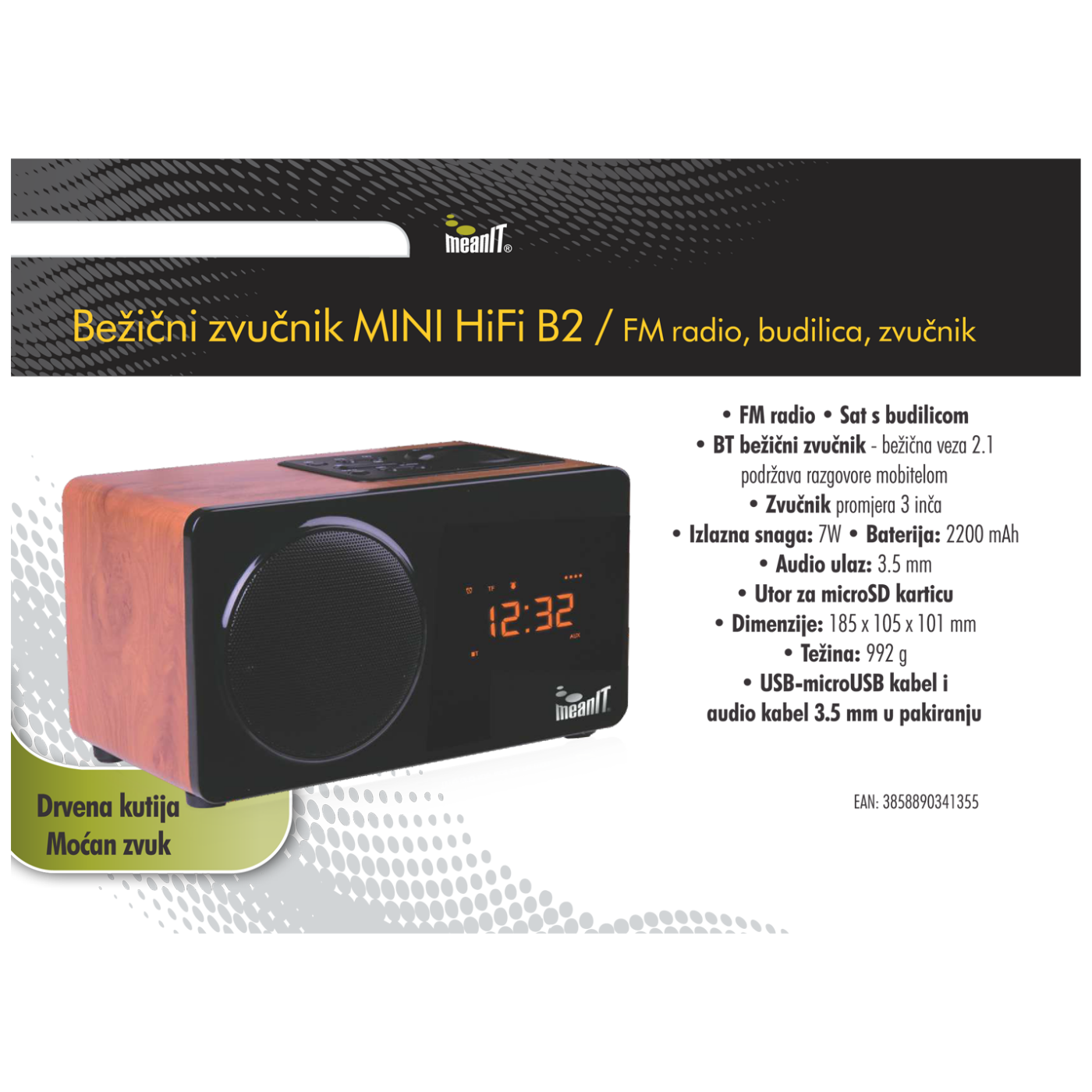 MeanIT Zvučnik bežični, Bluetooth, 7W, Mini Hi - Fi, FM radio - MZVB2