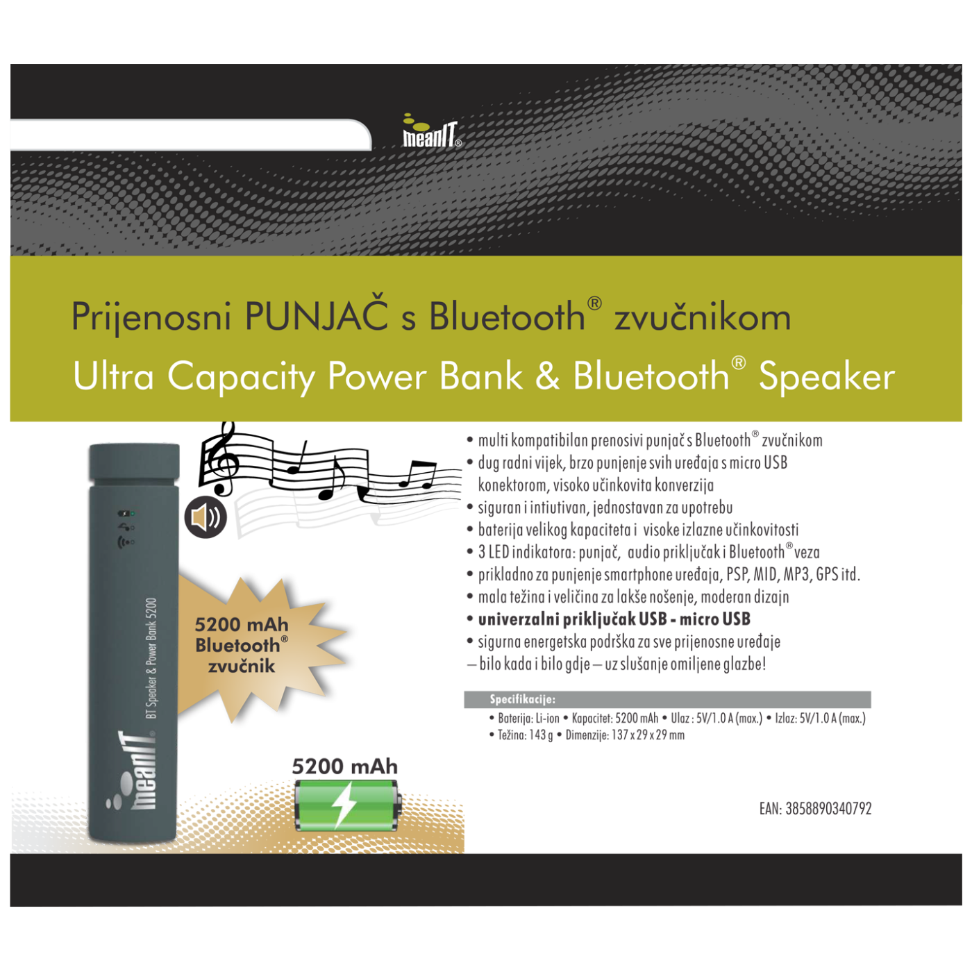 MeanIT Punjač prijenosni za mobitele +  BT zvučnik, 5200mAh - PPS6