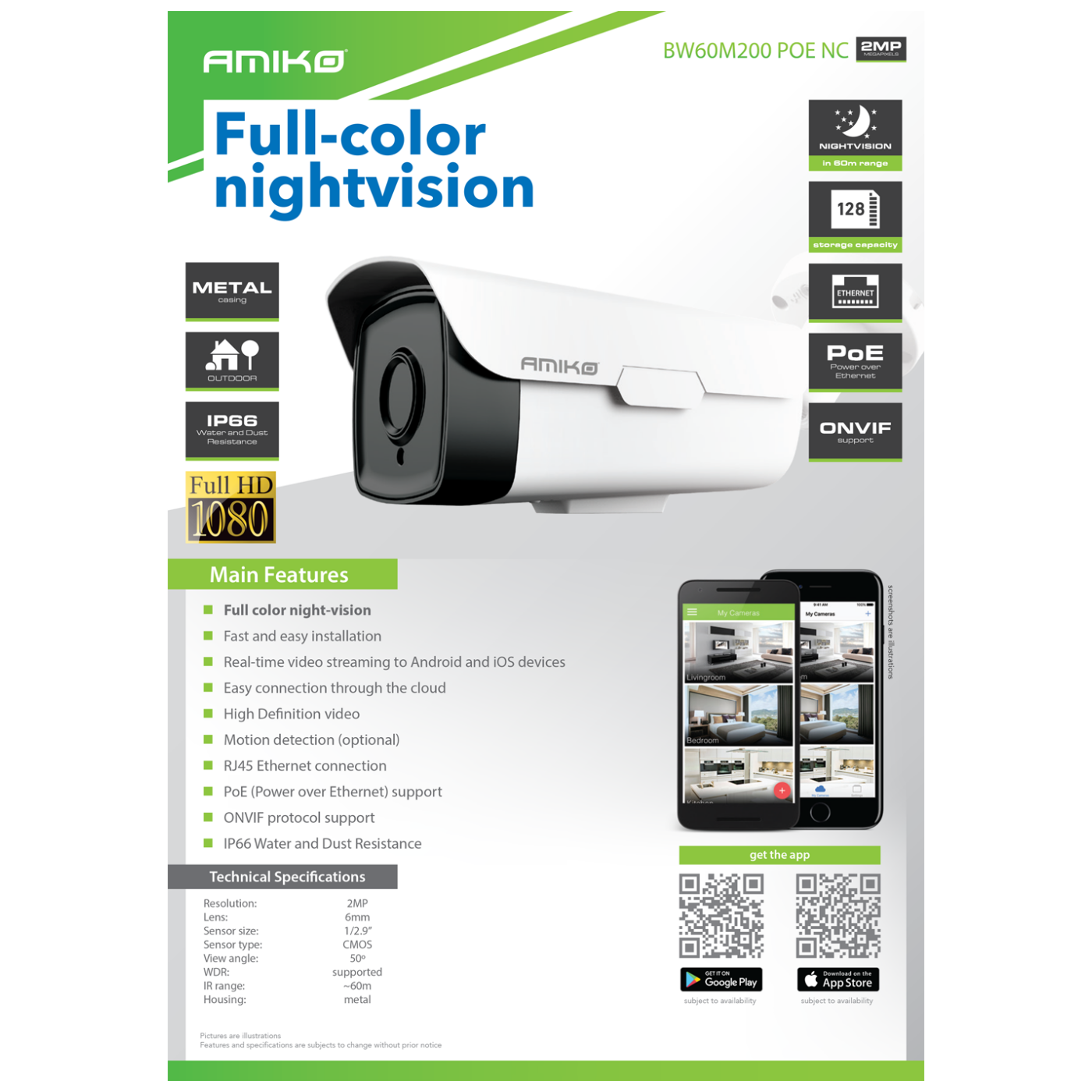 Amiko Home Kamera IP, 2MP, Color Night, SD utor, 6mm, IP66 - BW60M200 POE NC
