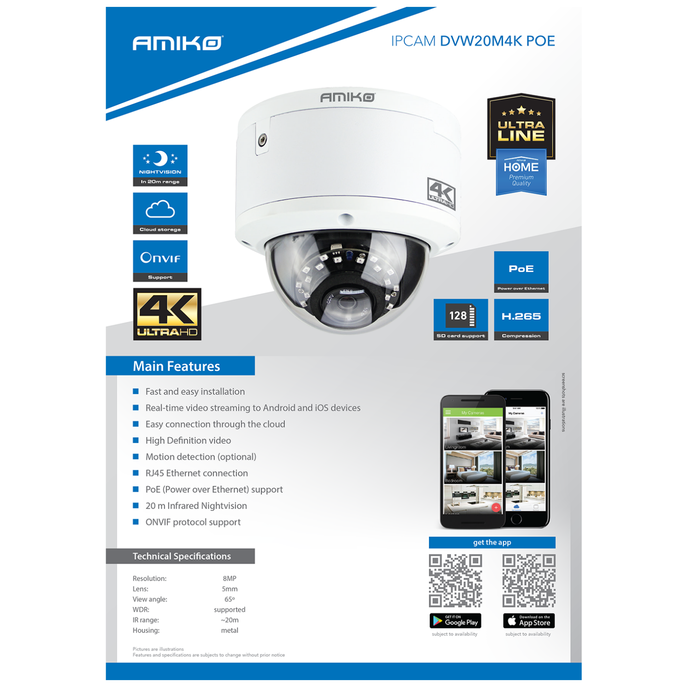 Amiko Home Kamera IP 8MP, 4K, SD utor, Lens 5mm, IR20 - DVW20M4K POE