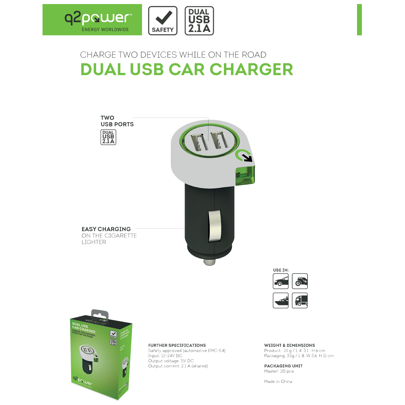 q2power Auto punjač, Dual USB, 2.1A - DUAL USB CAR CHARGER