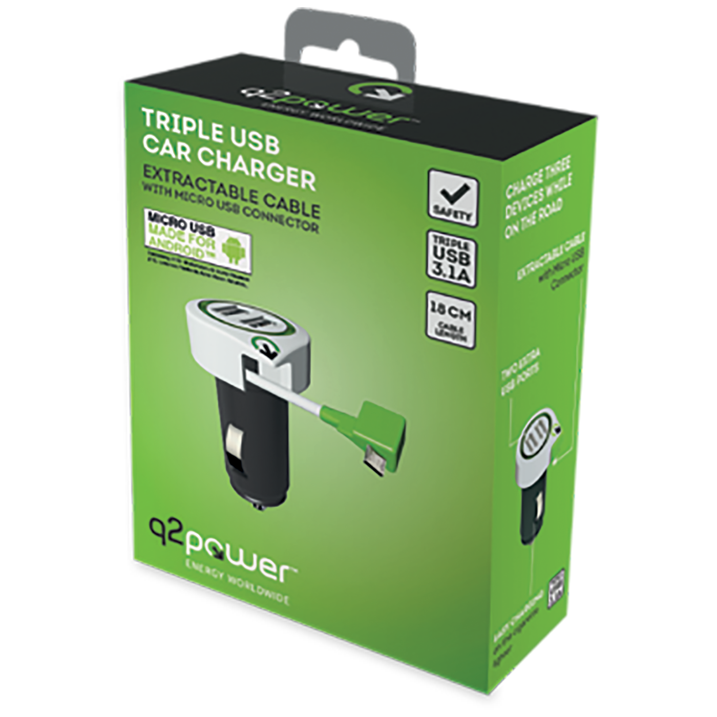 q2power Auto punjač, Dual USB, 3.1A, microUSB - TRIPLE USB CAR CHARGER M