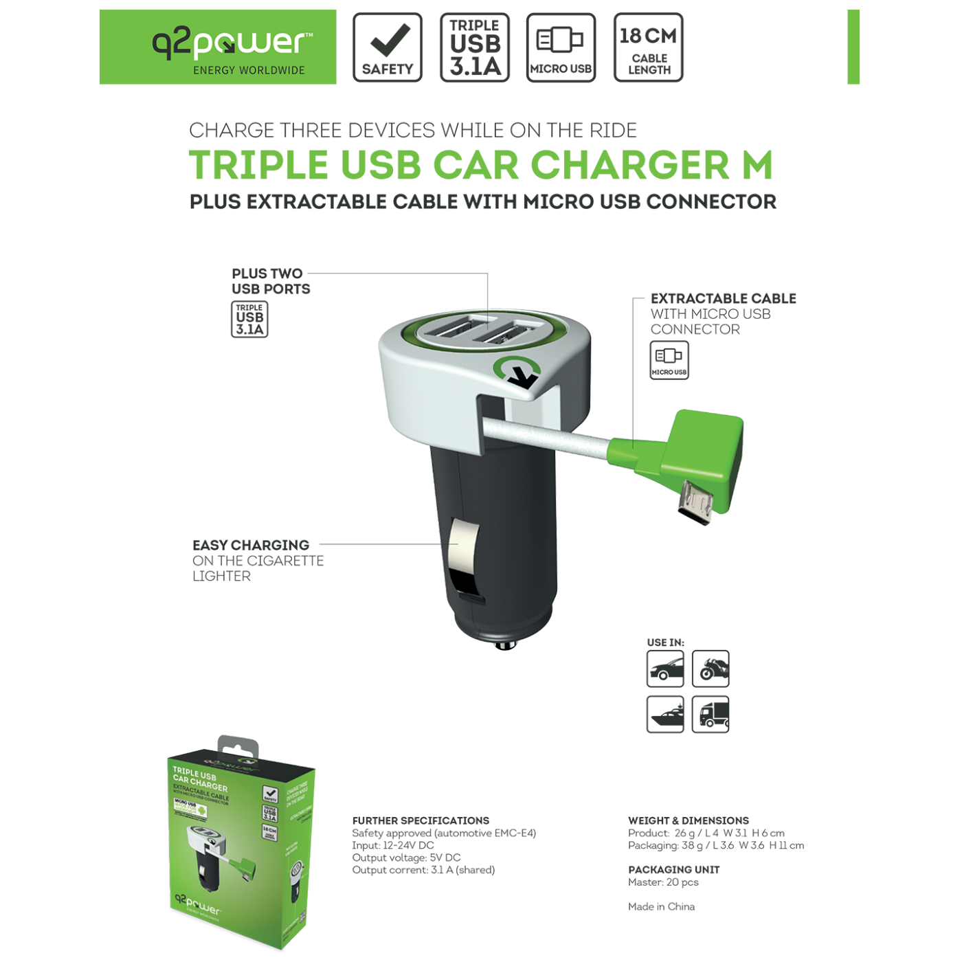 q2power Auto punjač, Dual USB, 3.1A, microUSB - TRIPLE USB CAR CHARGER M
