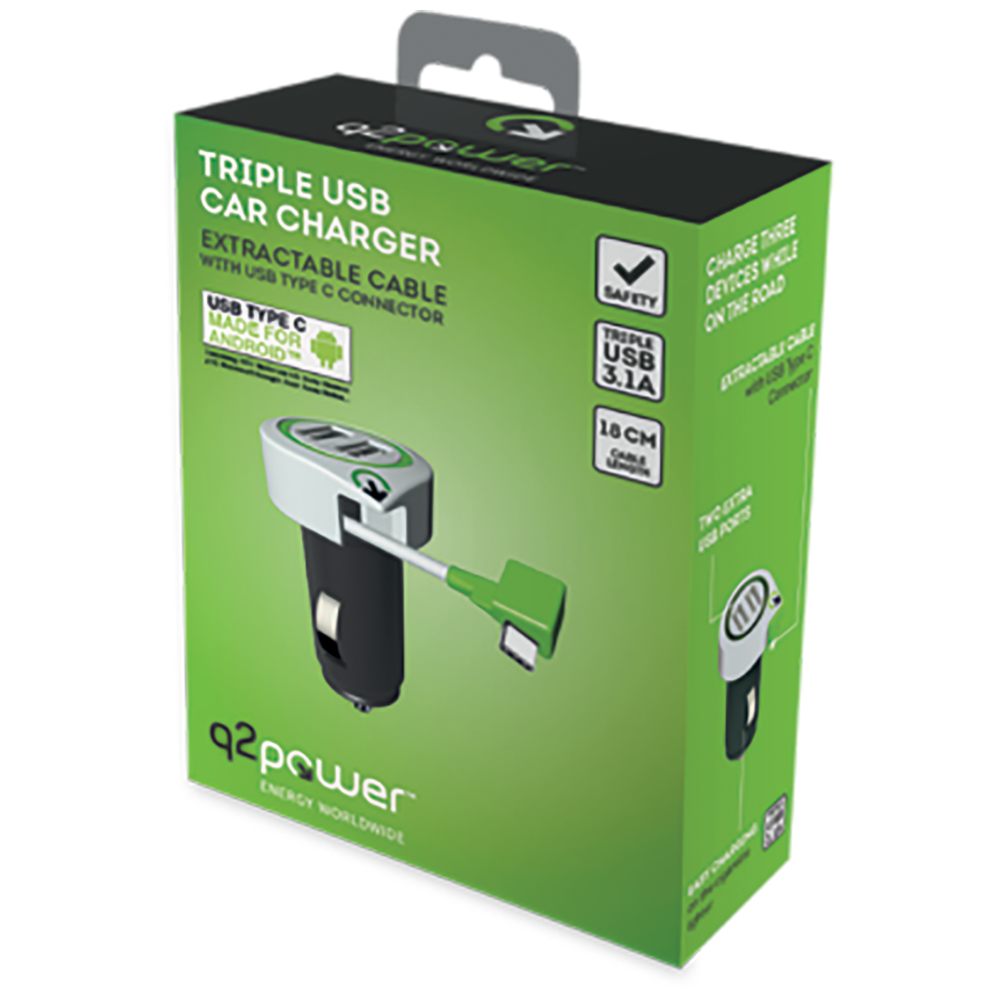 q2power Auto punjač, Dual USB, 3.1A, type C konektor - TRIPLE USB CAR CHARGER C