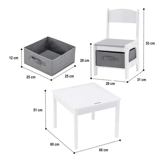Dječiji Stol sa 2 Stolice, Dvostrani, Drveni Set za Učenje, Crtanje, Pisanje i Slaganje LEGO Konstruktora - WHITE/GRAY