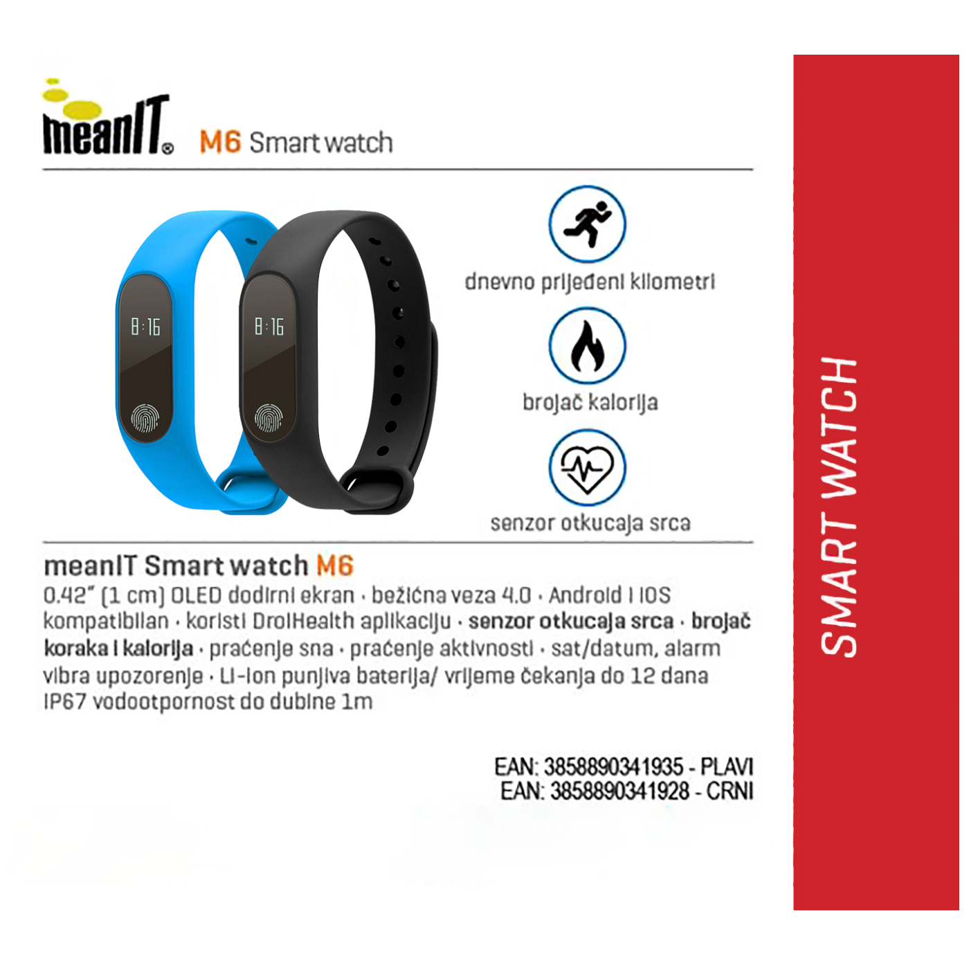 MeanIT SAT pametni, Fitness,  OLED, vodootporan, plavi - M6 plavi