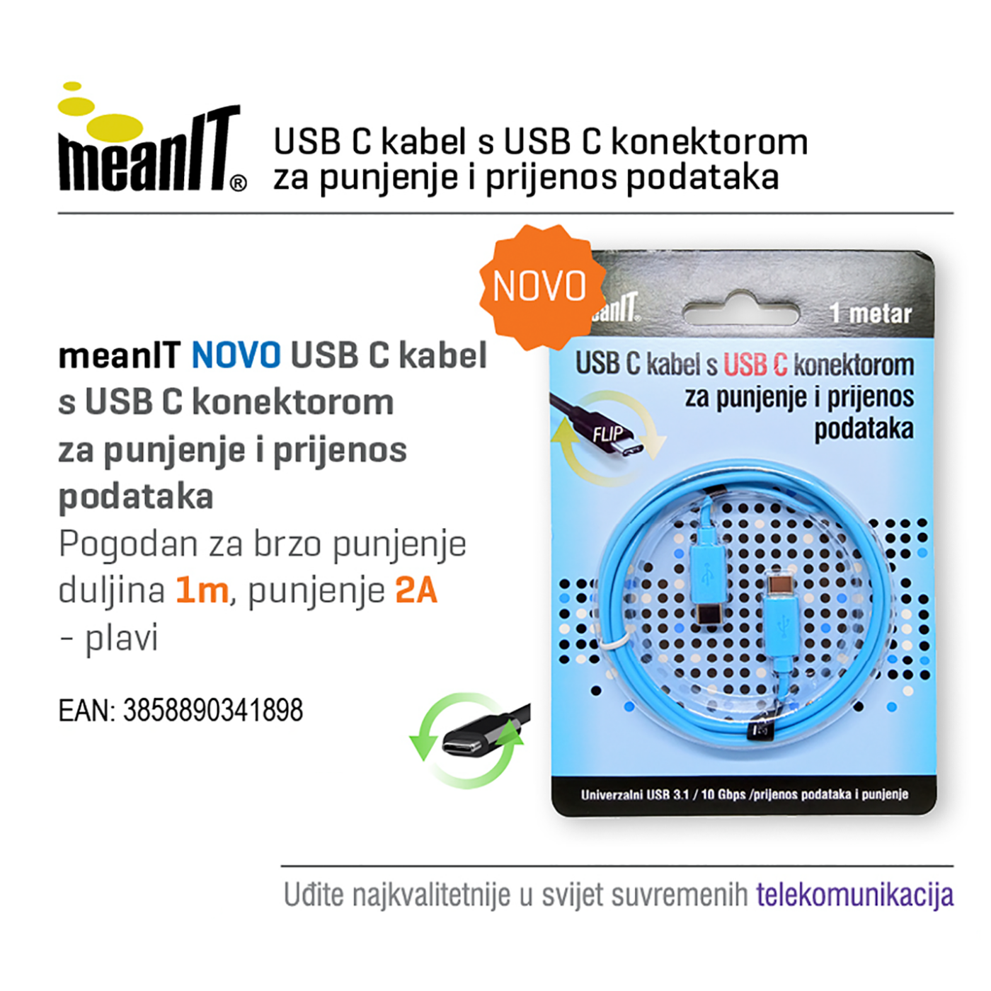 MeanIT USB kabl za smartphone, USB C / USB C, 1 met - KMUSBC2