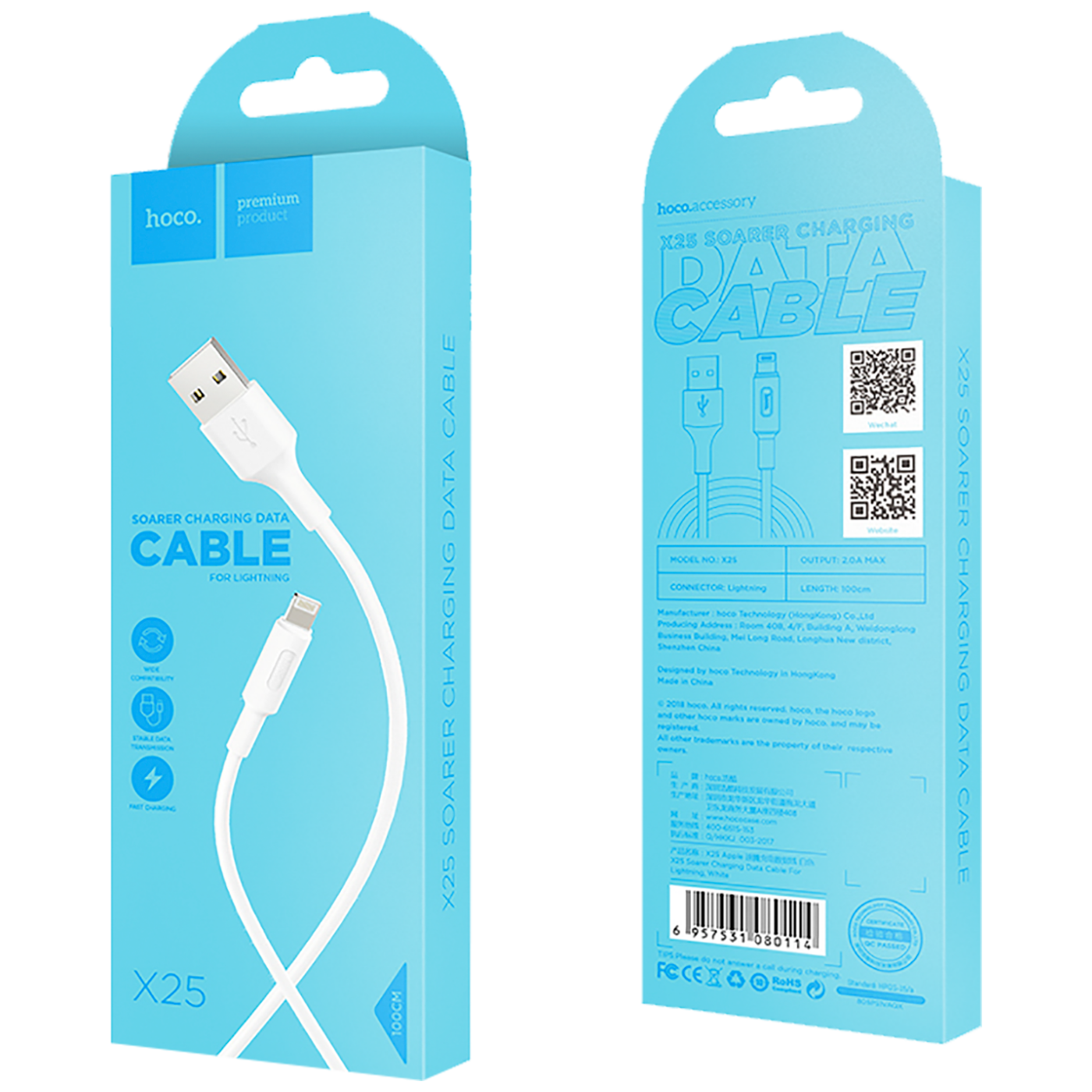 hoco. USB kabl za iPhone, Lightning kabl, 1 met., 2 A, bijela - X25 Soarer Lightning, White