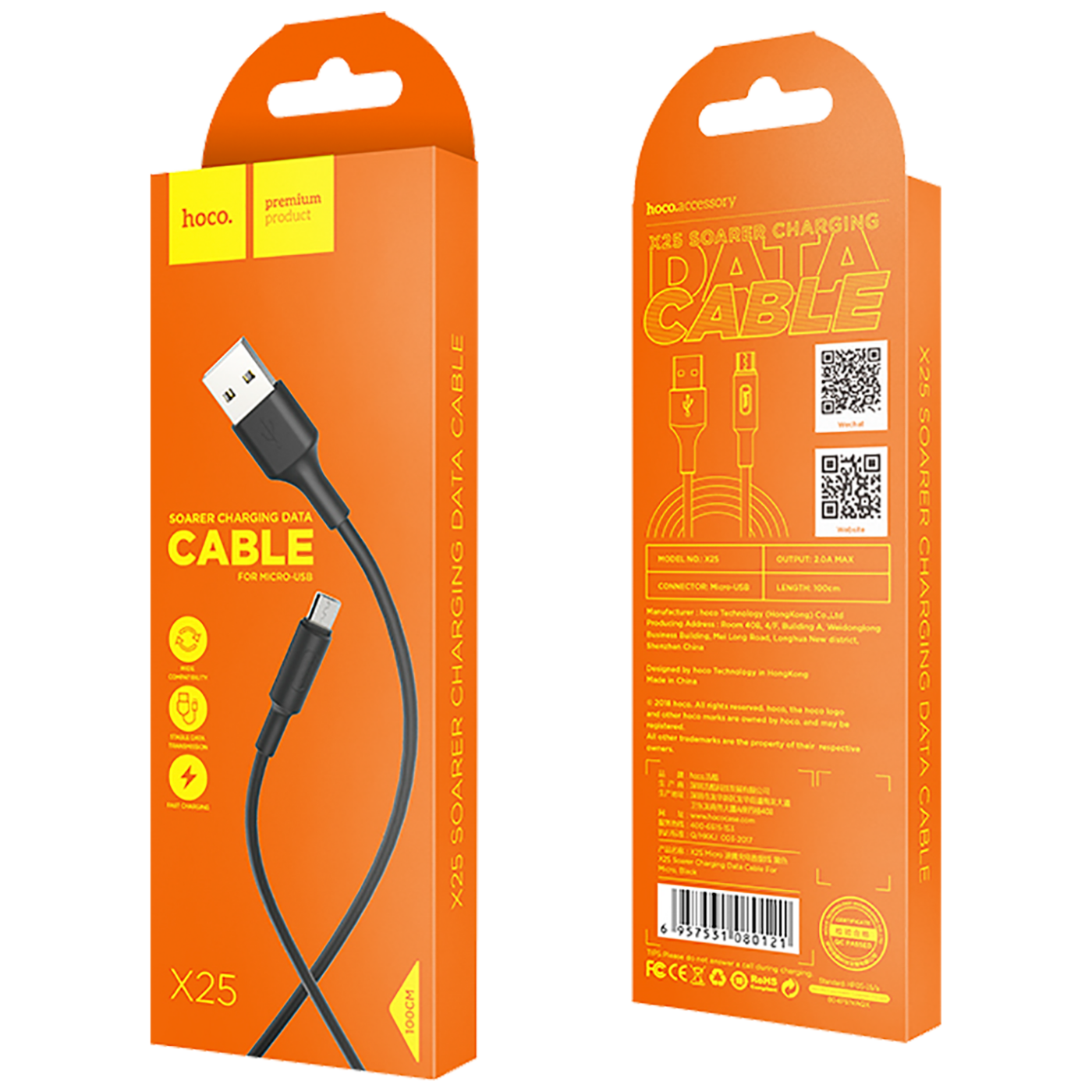 hoco. USB kabl za smartphone, micro USB kabl, 1 met., 2 A, crna - X25 Soarer Micro USB, Black