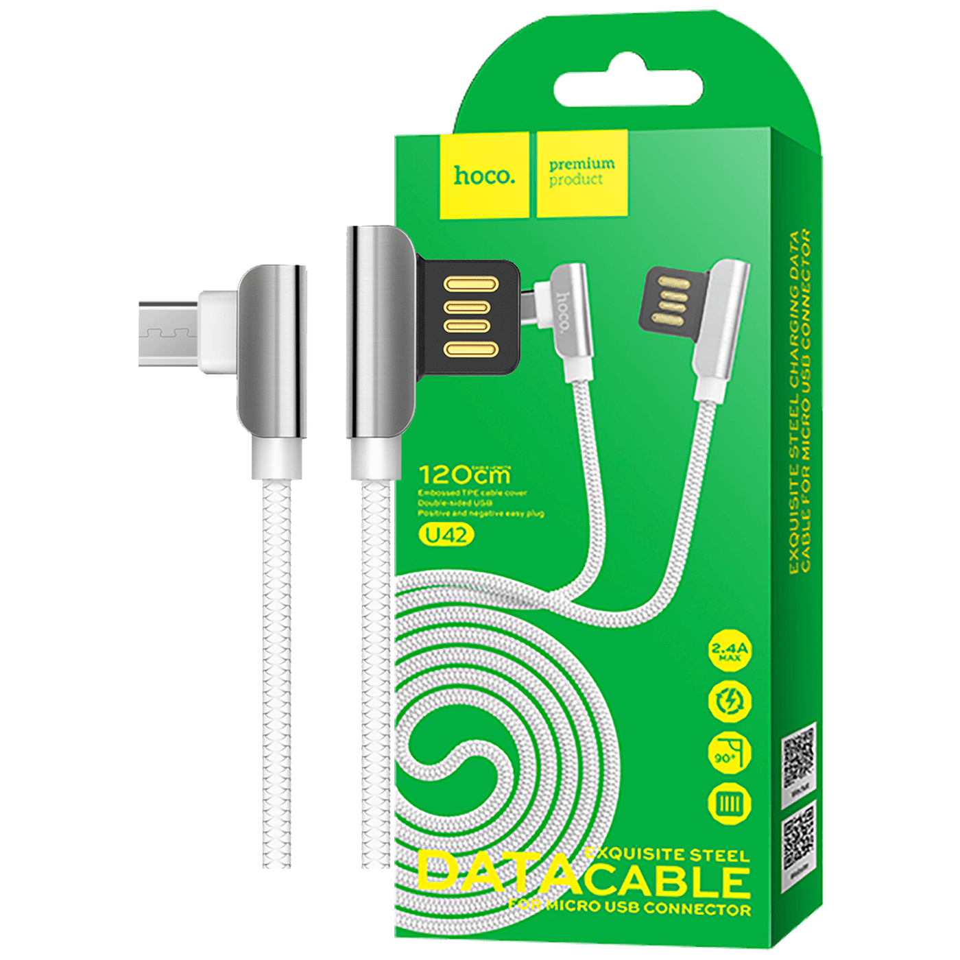 hoco. USB kabl za smartphone, micro USB, 1.2 met., 2.4 A, bijela - U42 Exquisite steel, Micro USB, WH