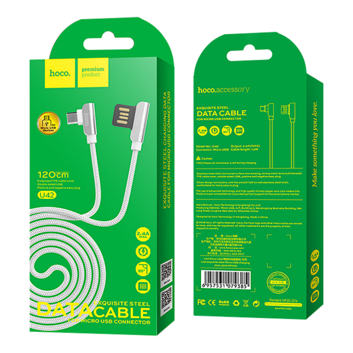 hoco. USB kabl za smartphone, micro USB, 1.2 met., 2.4 A, bijela - U42 Exquisite steel, Micro USB, WH