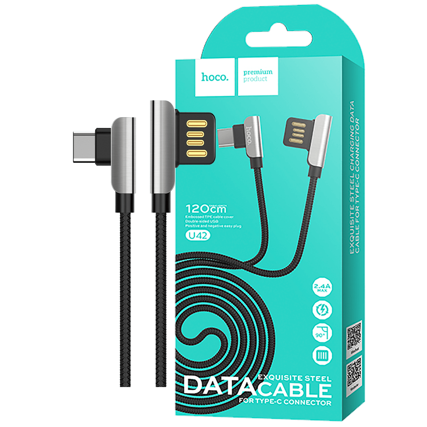 hoco. USB kabl za smartphone, USB type C, 1.2 met., 2.4 A, crna - U42 Exquisite steel, USB type C, BK