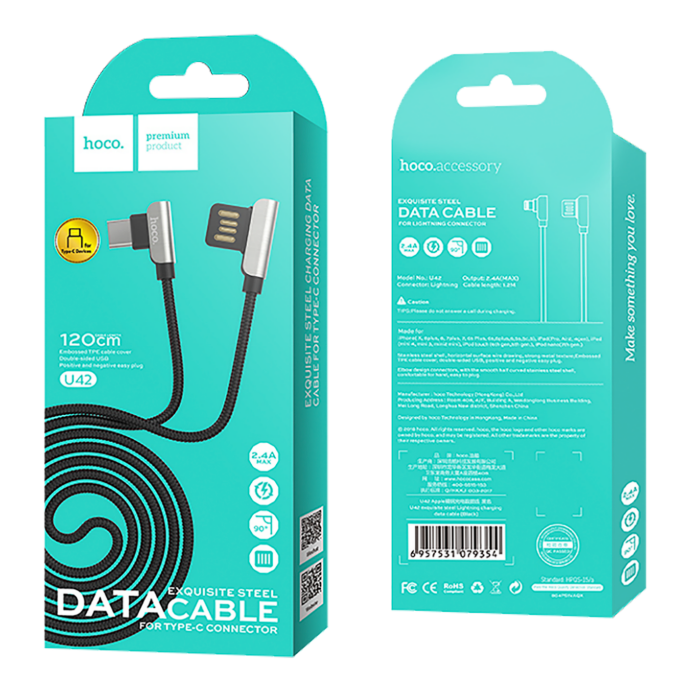hoco. USB kabl za smartphone, USB type C, 1.2 met., 2.4 A, crna - U42 Exquisite steel, USB type C, BK
