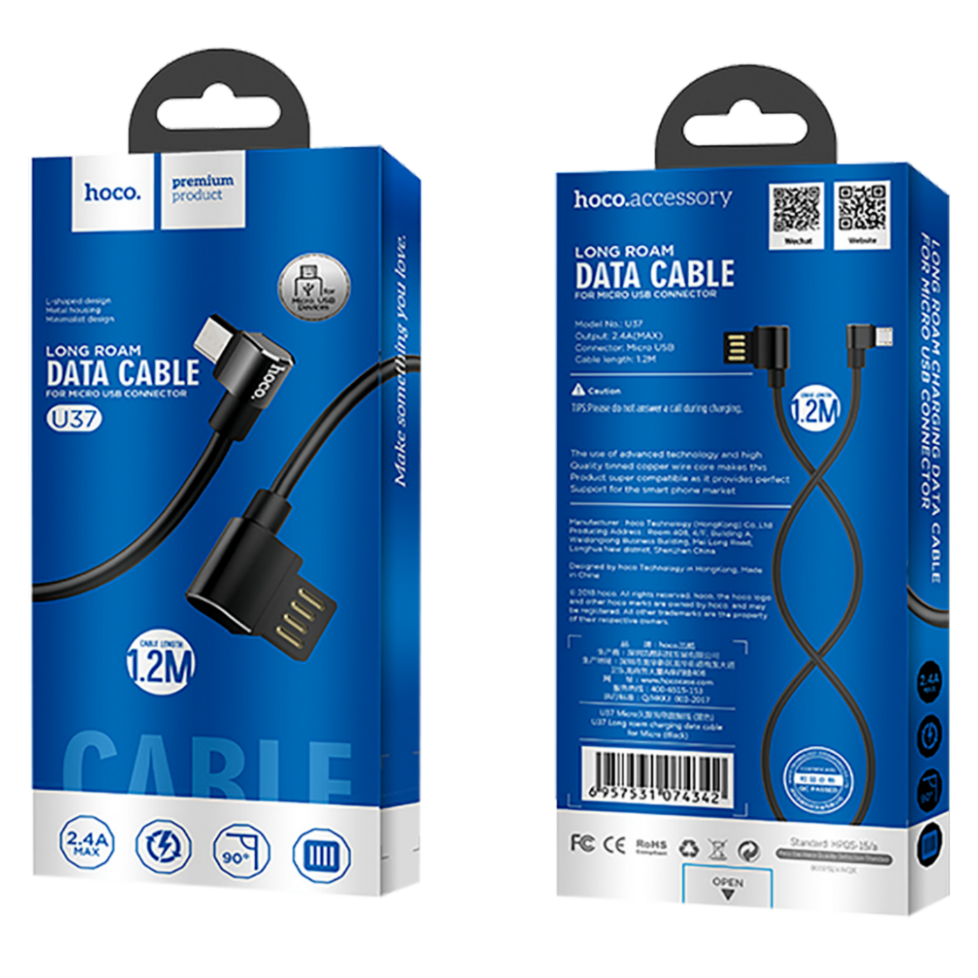 hoco. USB kabl za smartphone, micro USB, kutni 90°, 1.2 met,crna - U37 Long Roam, Micro USB , BK