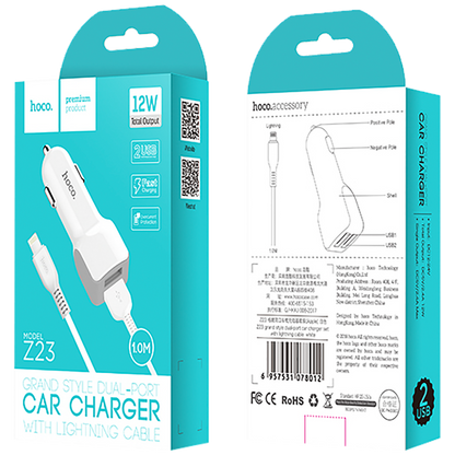 hoco. Auto punjač sa Lightning kabelom, 2 x USB, 5 V/2.4 A - Z23 Grand Style set, Lightning