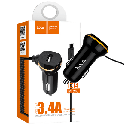 hoco. Auto punjač  sa micro USB kabl, USB, 5 V/3.4 A, crna - Z14 single, micro USB, BK