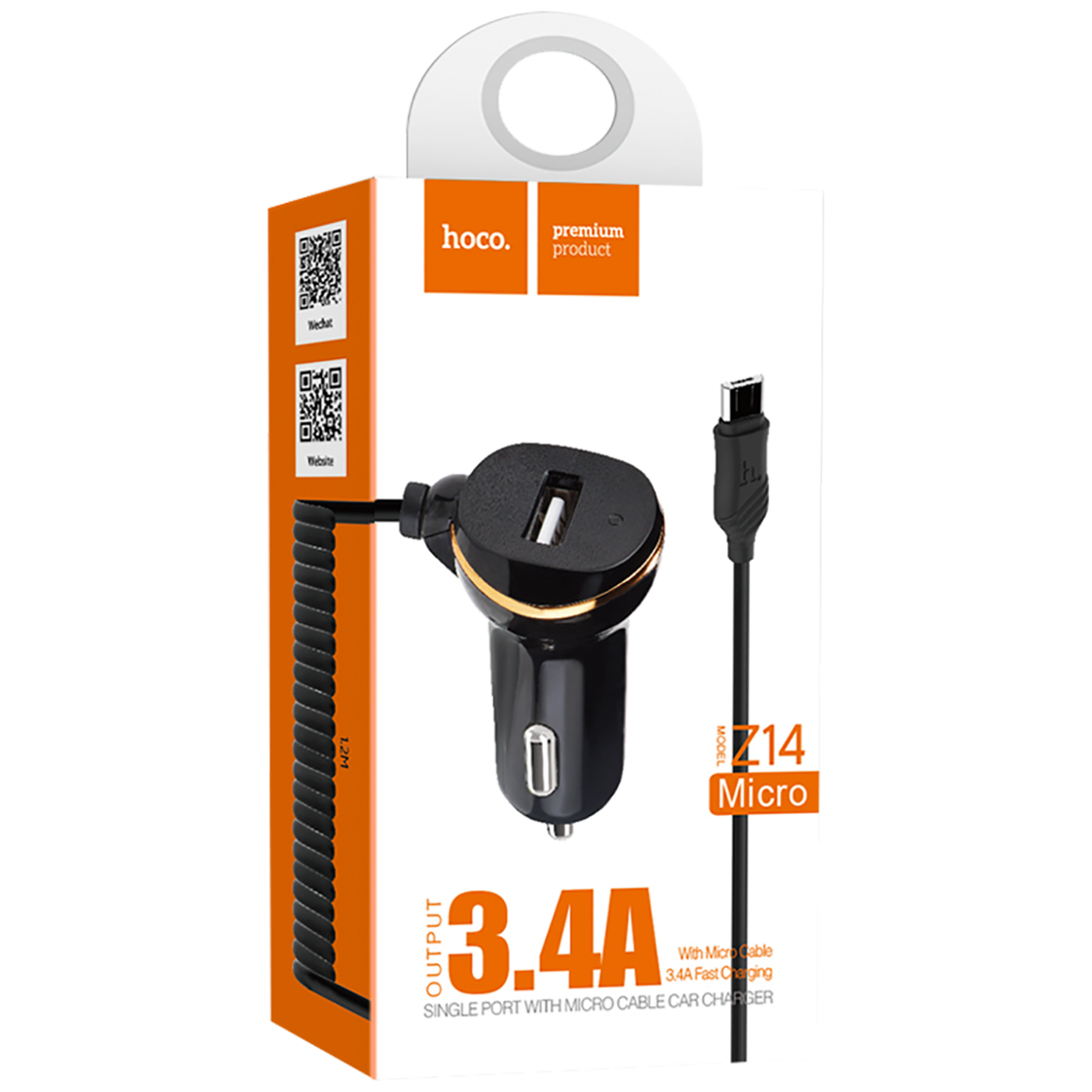 hoco. Auto punjač  sa micro USB kabl, USB, 5 V/3.4 A, crna - Z14 single, micro USB, BK