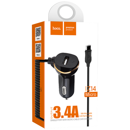 hoco. Auto punjač  sa micro USB kabl, USB, 5 V/3.4 A, crna - Z14 single, micro USB, BK