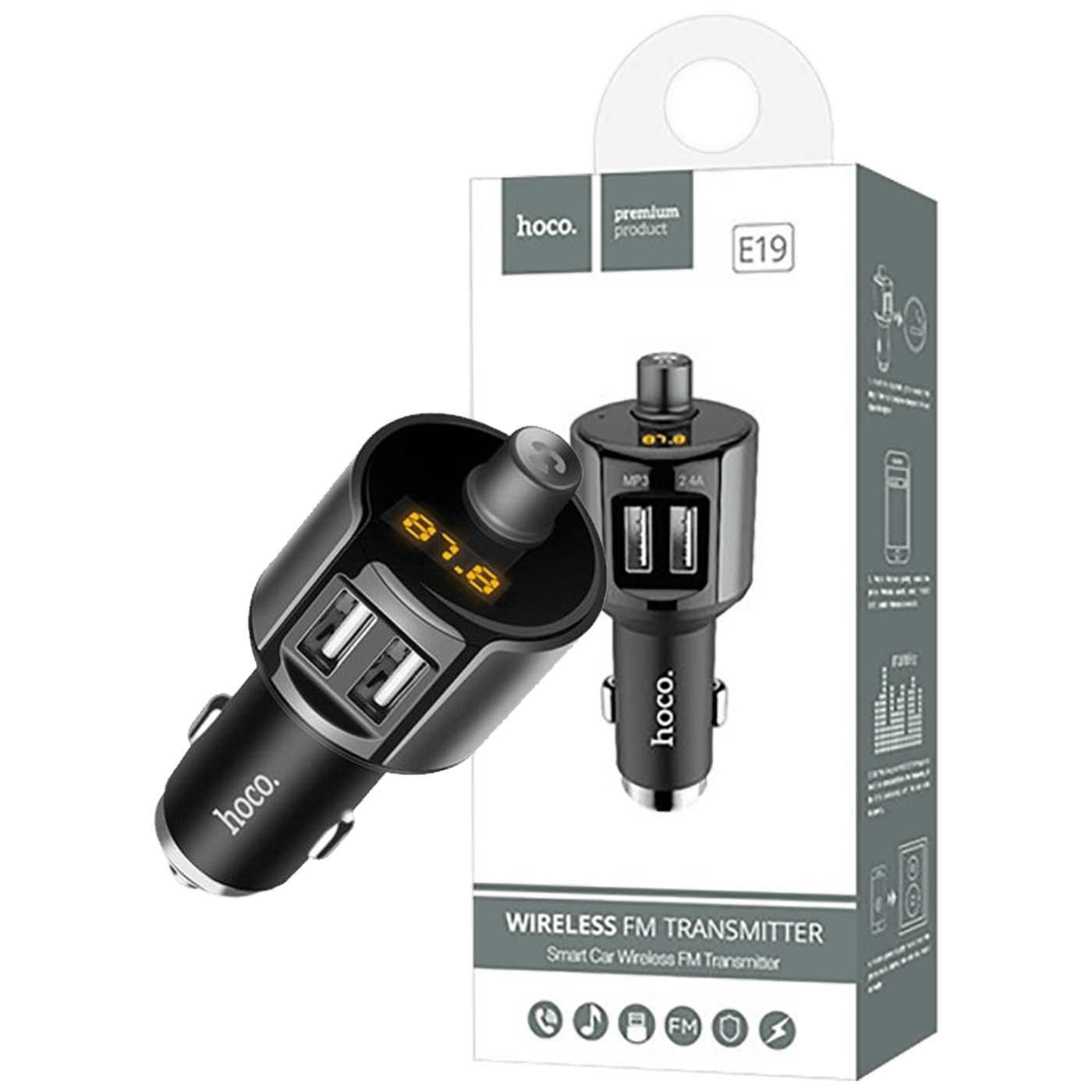 hoco. FM modulator, BT handsfree, 12 V/24 V, 2 x USB 2,4 A - E19 Smart, BT, FM, Charger